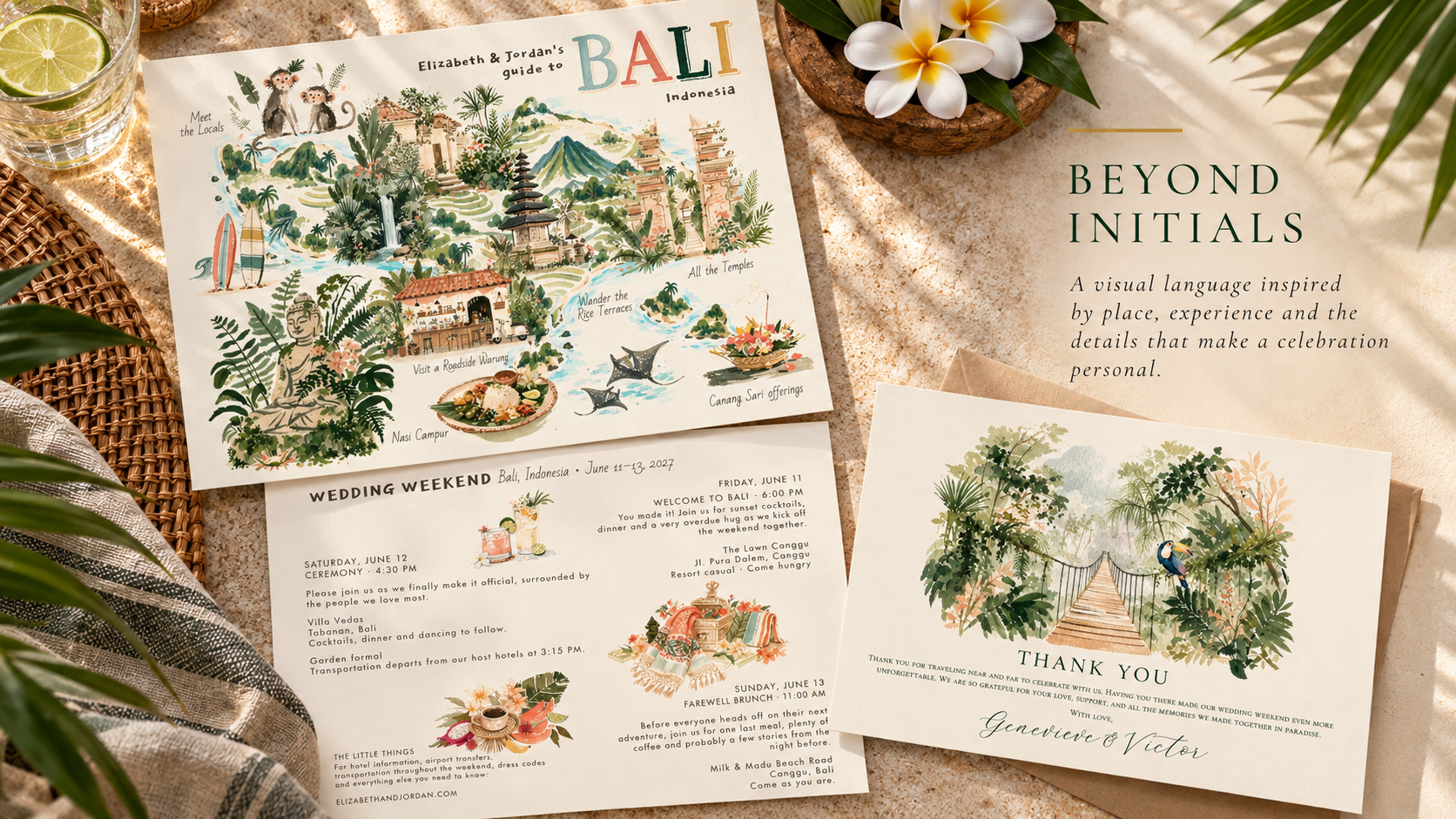 Editorial flat lay featuring custom watercolor Bali wedding weekend stationery, an illustrated destination guide, wedding itinerary and tropical jungle thank-you card, showcasing personal storytelling through wedding stationery design.