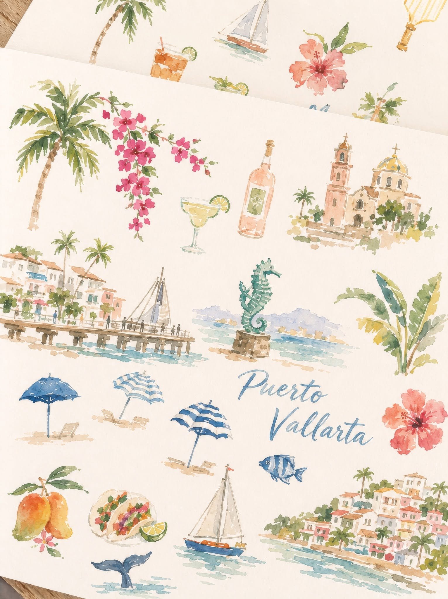 Hand-painted Puerto Vallarta watercolor illustrations featuring landmarks, tropical botanicals, beaches, architecture, and coastal details created by Laura-Lise.