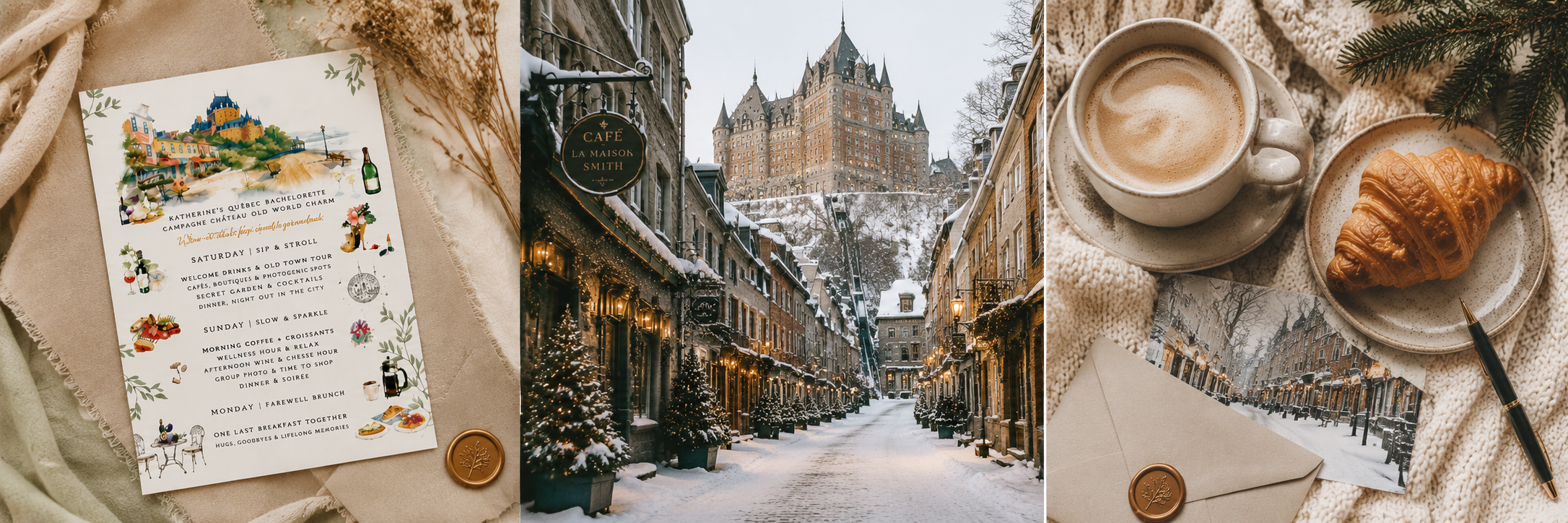 Three-panel editorial banner featuring a Québec City bachelorette weekend itinerary invitation, snowy old-town Québec street photography, warm coffee and croissant styling, neutral winter textures, and cozy European-inspired travel details.