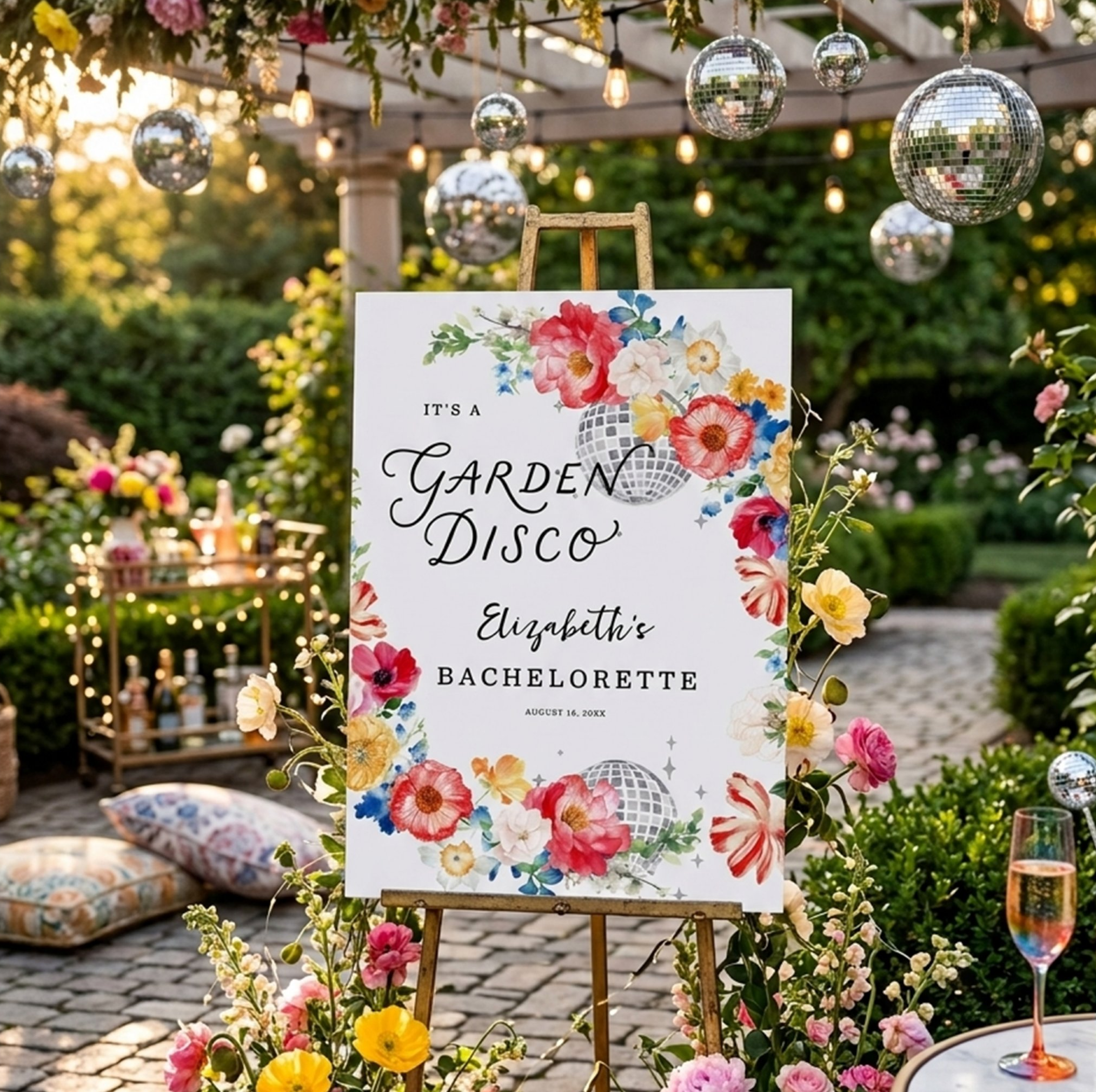 Floral Garden Disco bachelorette welcome sign displayed on an easel with colorful blooms and disco ball accents.