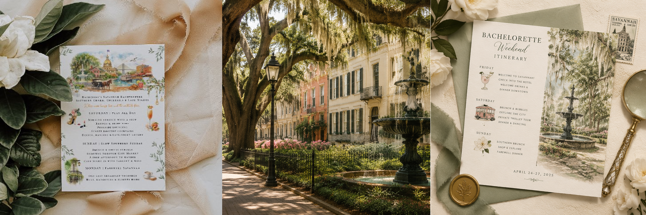 Three-panel editorial collage featuring Savannah bachelorette weekend invitation designs paired with historic Savannah street photography, moss-covered oak trees, fountains, watercolor illustrations, and elegant southern-inspired stationery styling.
