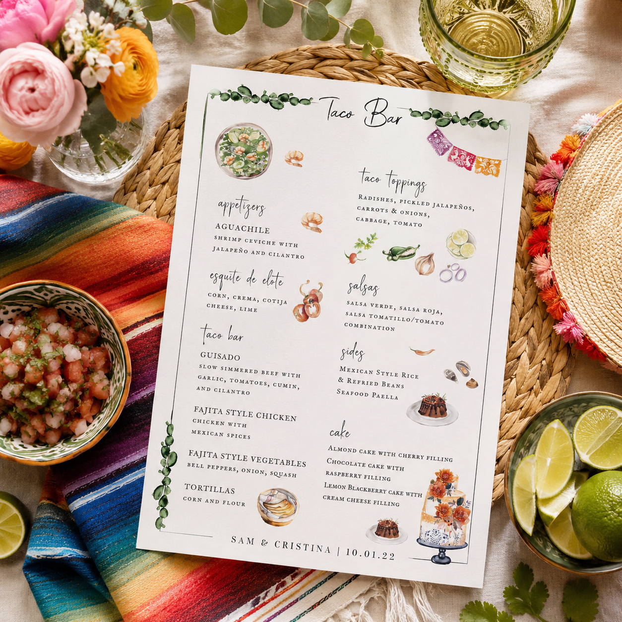 Watercolor illustrated taco bar wedding menu featuring hand-painted Mexican food illustrations, colorful papel picado accents, and a festive tabletop styled with limes, salsa, serape textiles, fresh flowers, and woven décor.