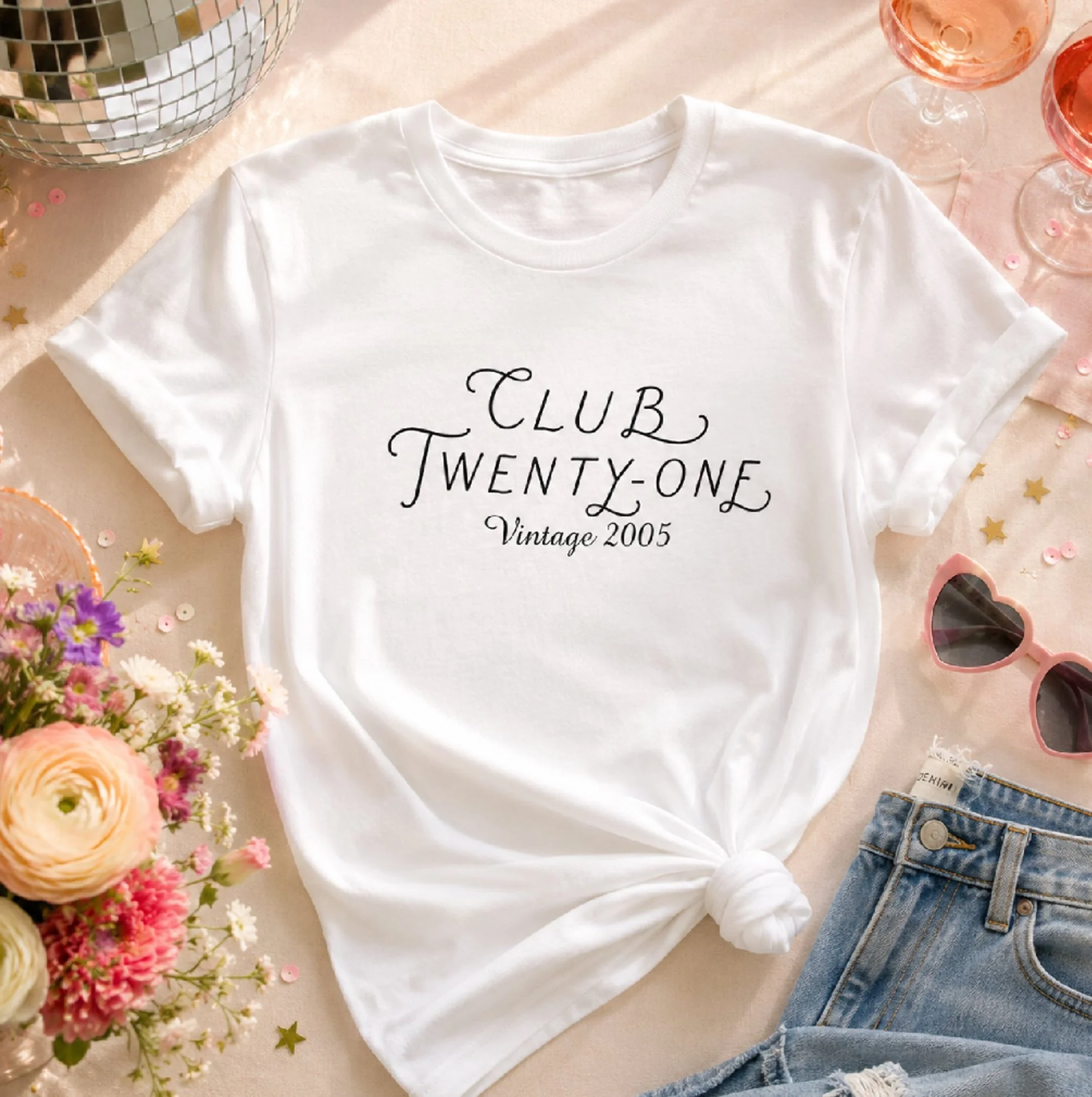 Personalized birthday T-shirt featuring custom signature lettering with a vintage year design for milestone birthdays, bachelorette weekends, and celebration gifts.