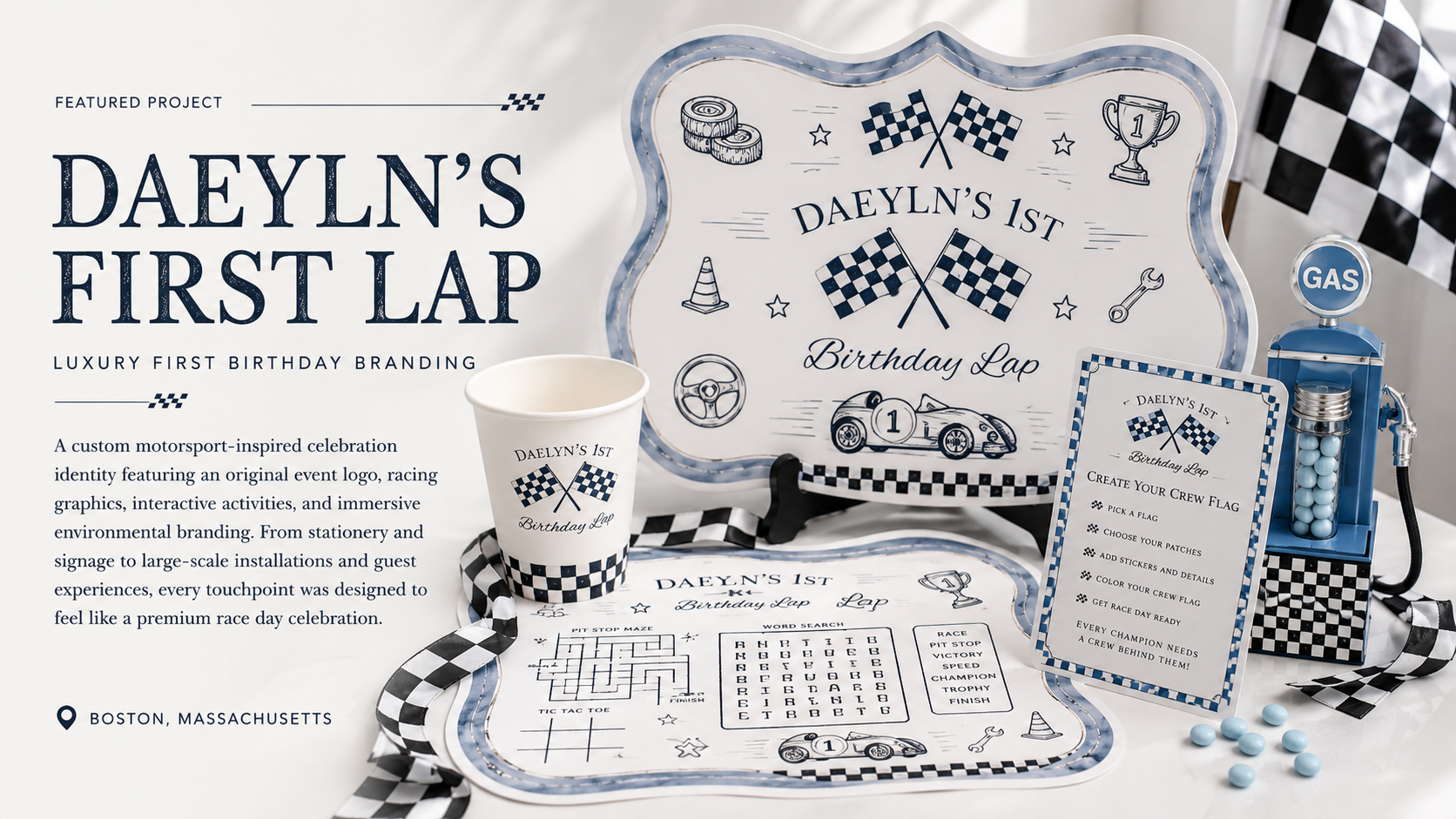 Luxury race car themed first birthday branding featuring custom signage, activity placemat, paper cup, interactive activity sign, and coordinated event details for Daelyn's First Lap by IYHTVDesigns.