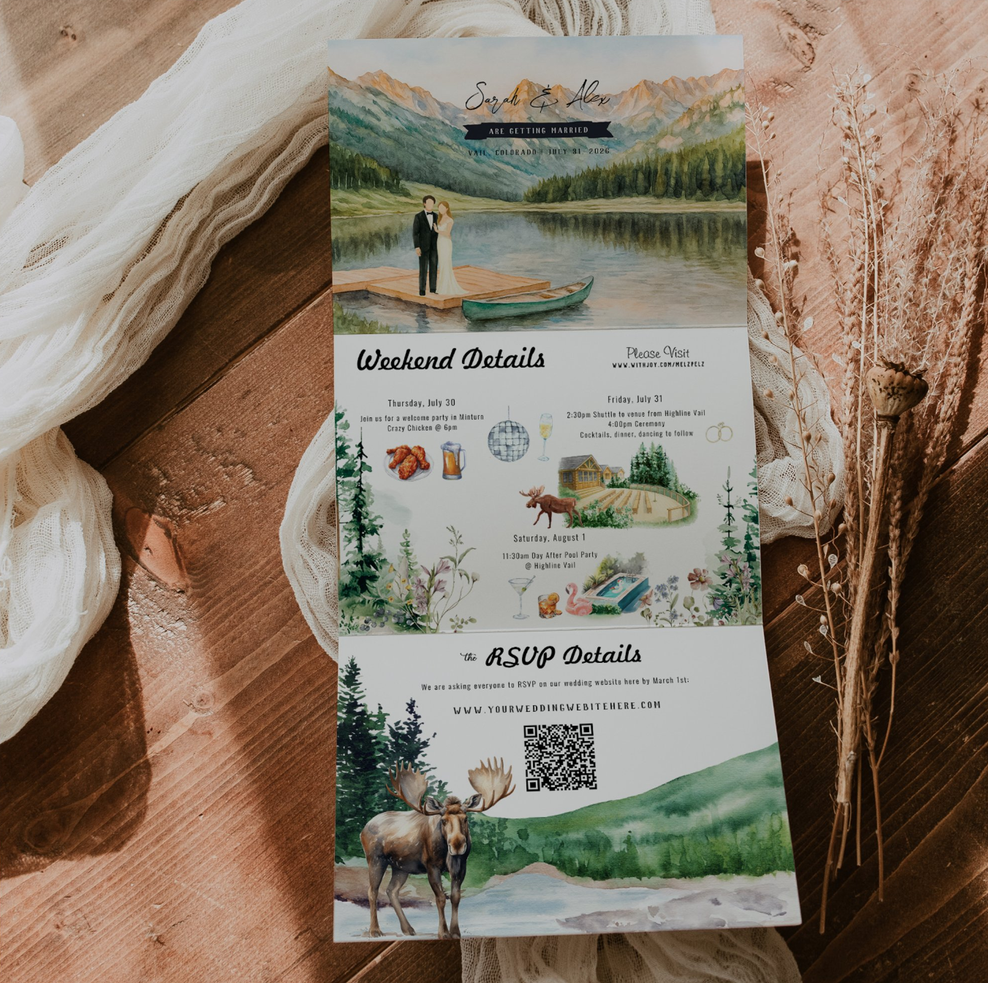 Custom Piney River Ranch tri-fold wedding invitation with hand-painted watercolor venue illustration, weekend itinerary, wildlife illustrations, RSVP panel, and Colorado mountain wedding artwork.