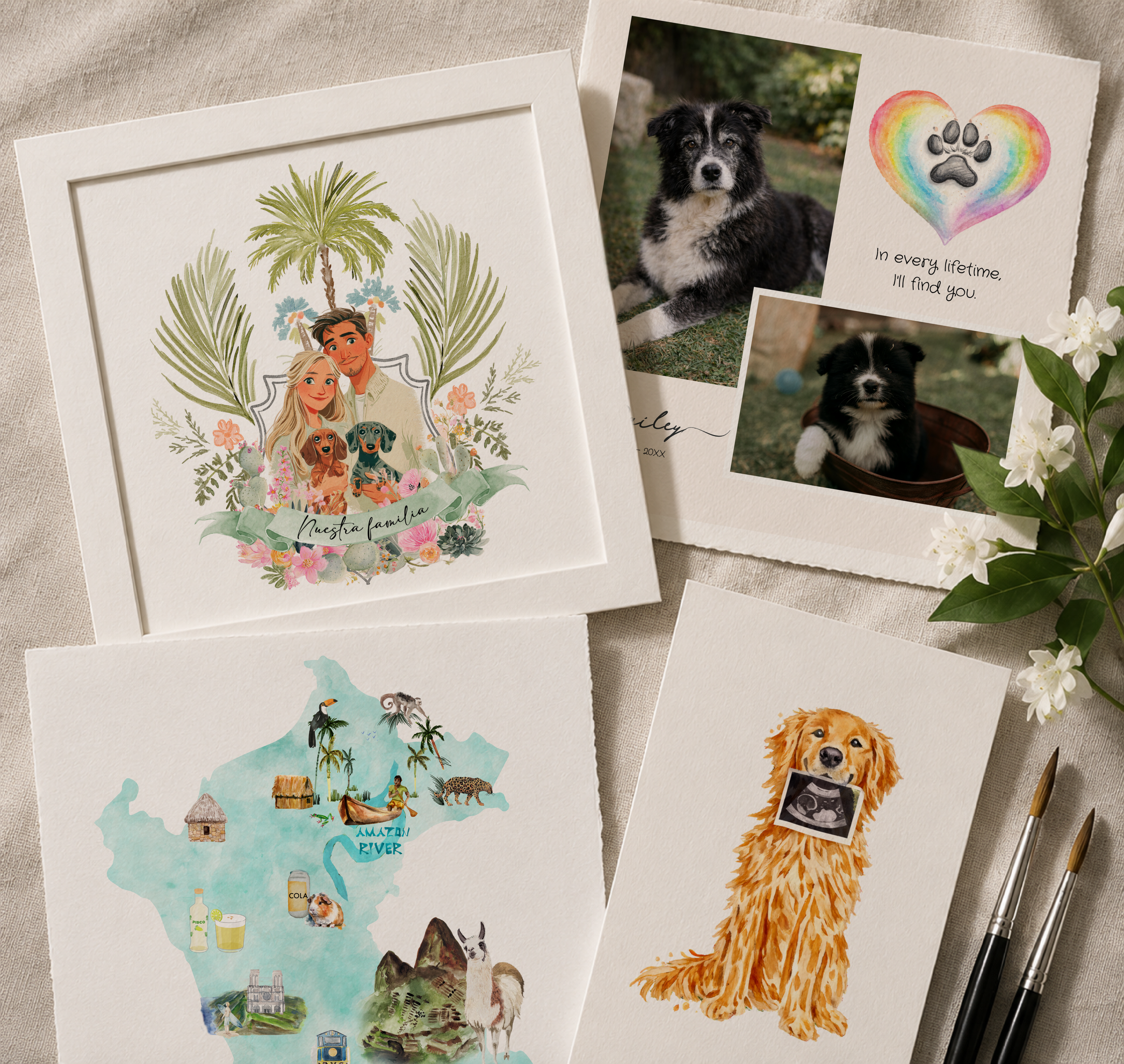 Portfolio flat lay featuring custom watercolor family portraits, pet portraits, illustrated travel maps, memorial artwork, personalized keepsake illustrations, and hand-painted commissions by IYHTVDesigns.