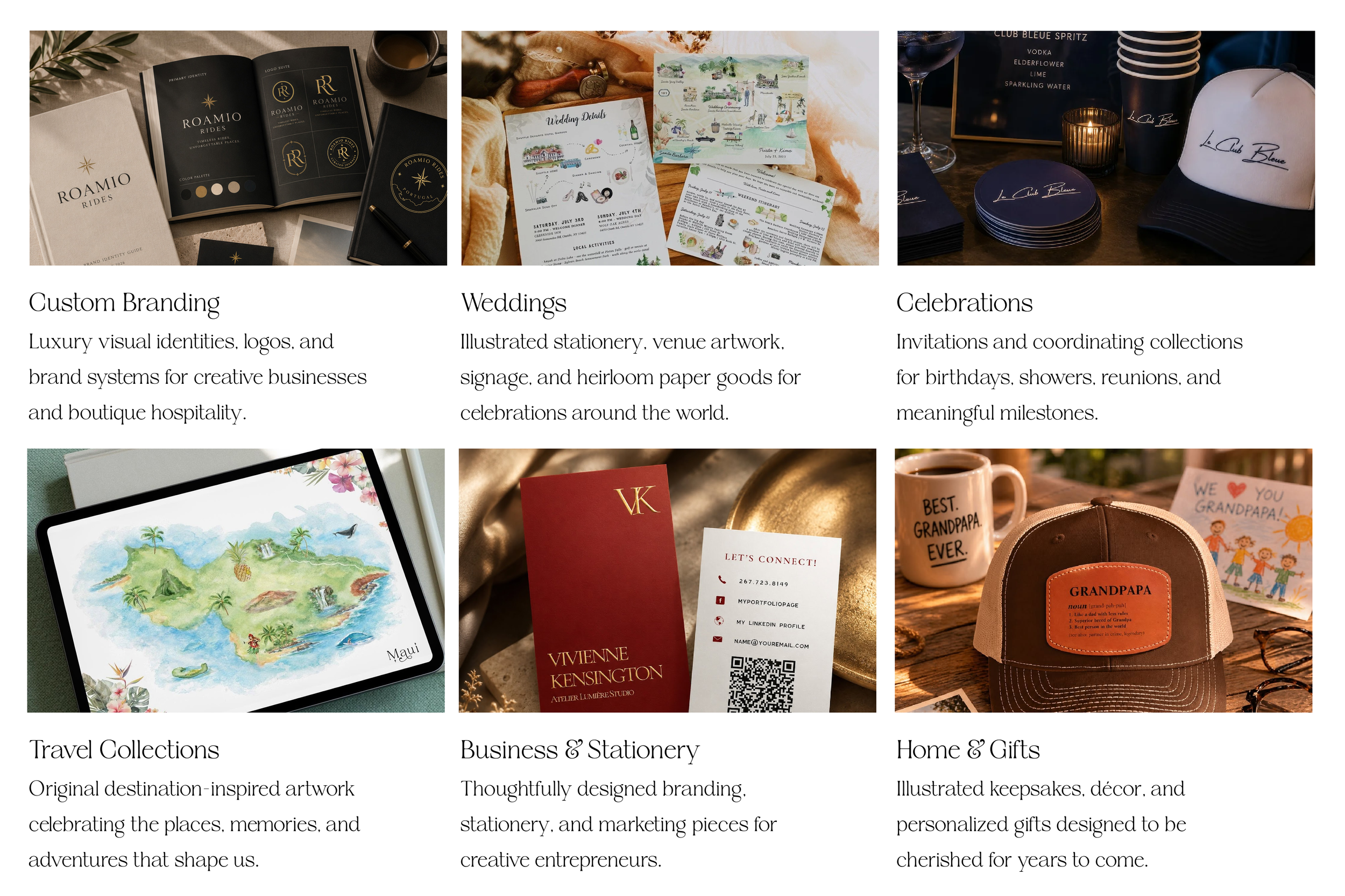 Six-image collage showcasing the work of IYHTVDesigns, featuring luxury brand identity design, illustrated wedding stationery, milestone celebrations, travel-inspired artwork, business stationery, and personalized home décor and gifts.