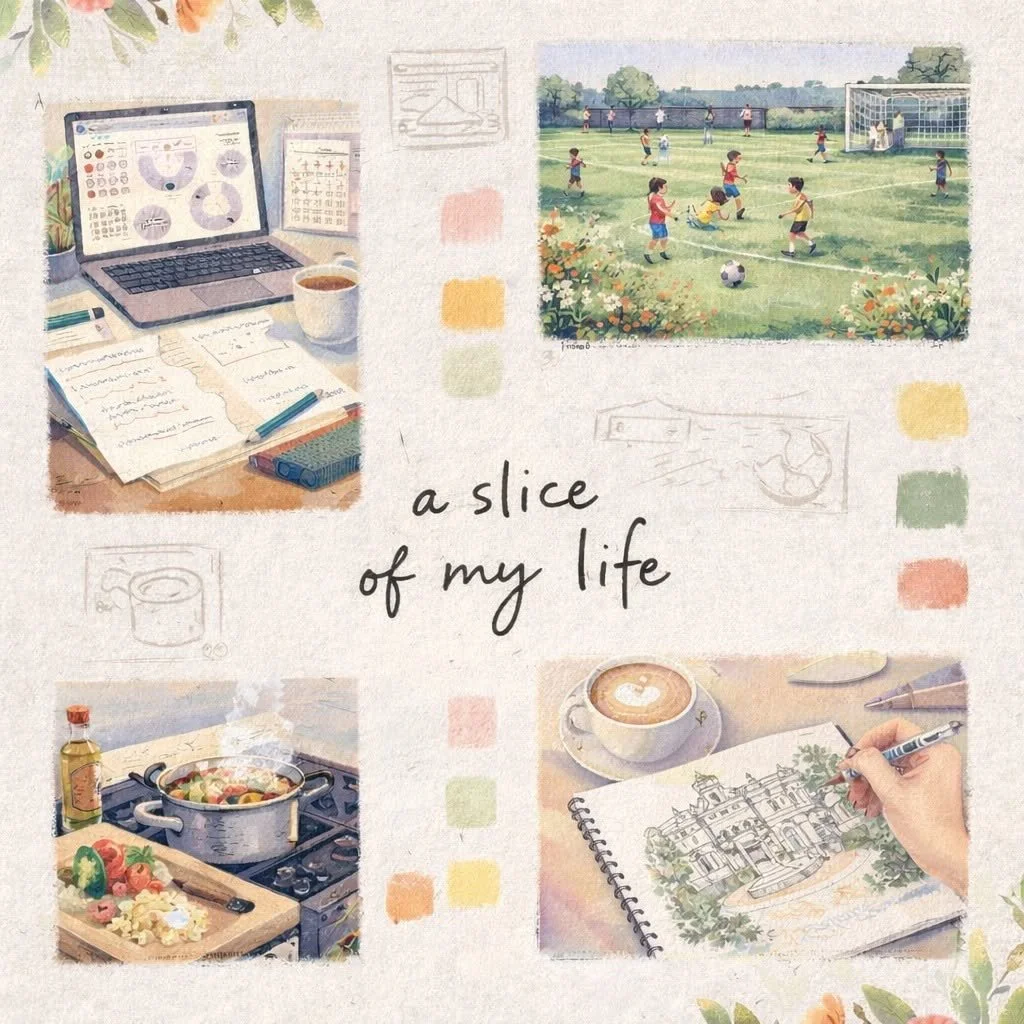 A watercolor collage representing Laura-Lise's creative life, featuring illustration, design, soccer, cooking, coffee, and sketching.