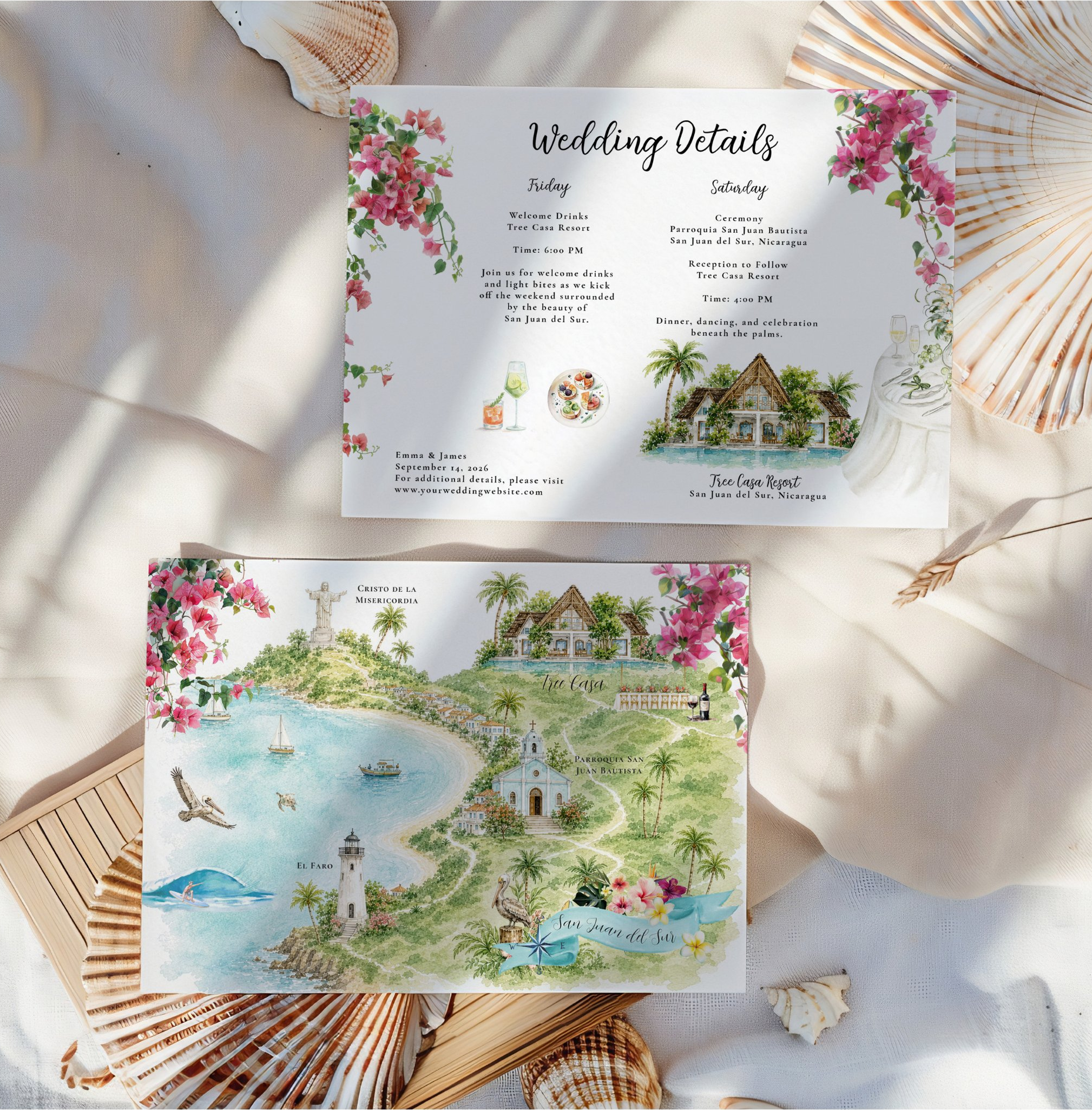 Illustrated San Juan del Sur, Nicaragua wedding weekend itinerary paired with a custom destination map featuring hand-painted beaches, local landmarks, ceremony and reception venues, coastal scenery, and personalized travel details for destination we