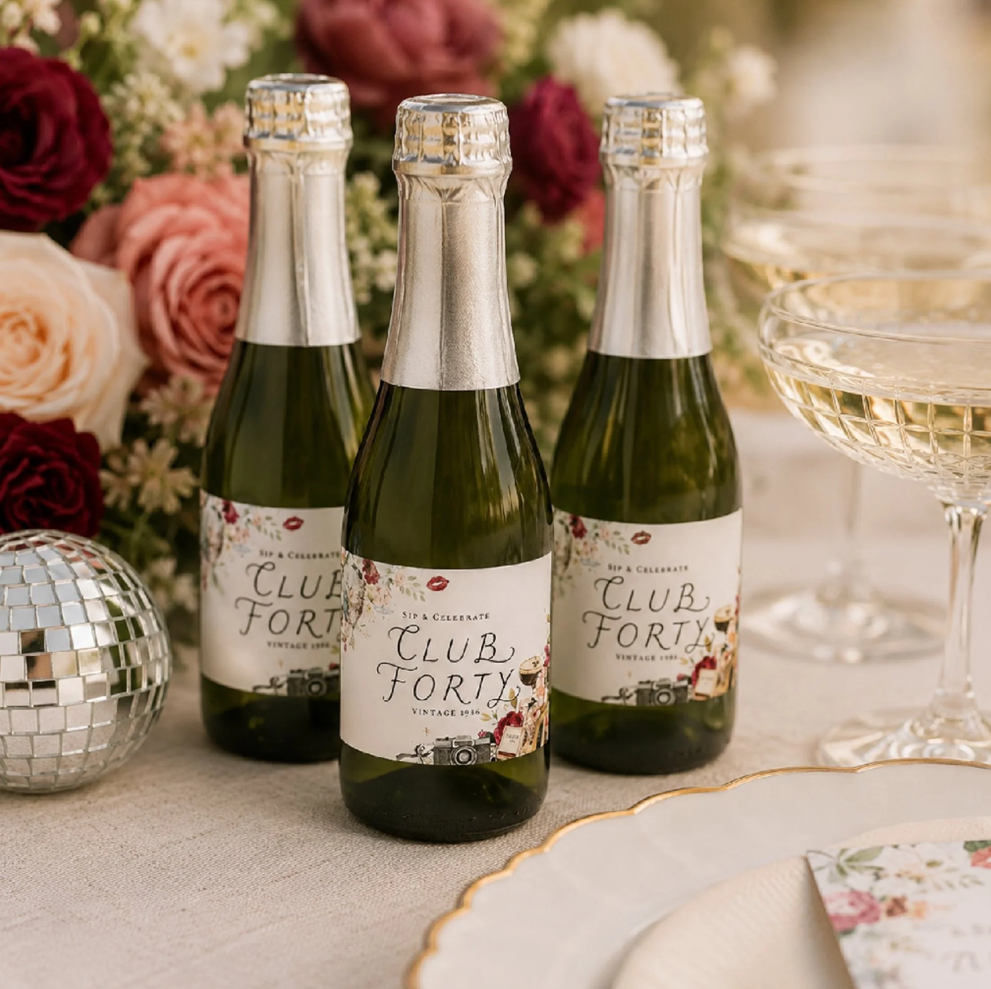 Mini champagne bottle labels featuring custom signature lettering, personalized vintage year typography, and floral celebration artwork for milestone birthdays and special events.