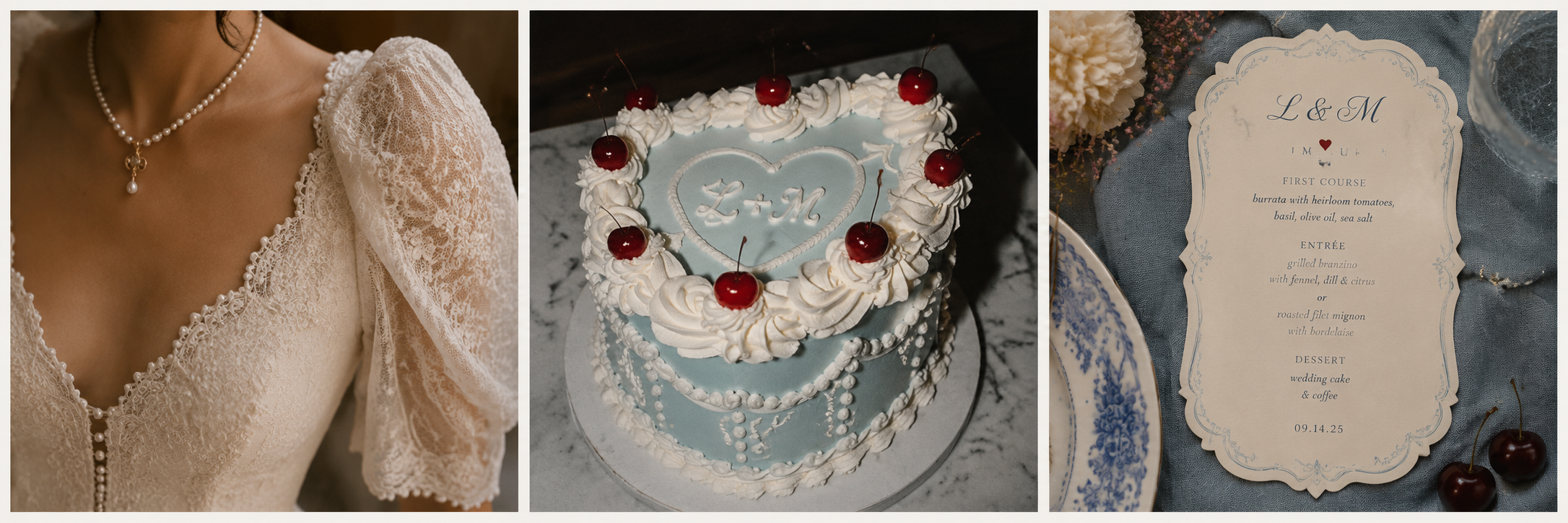 Editorial wedding triptych featuring an ivory lace bridal gown, powder blue vintage heart-shaped cake with red cherries, and coordinating scalloped wedding menu.