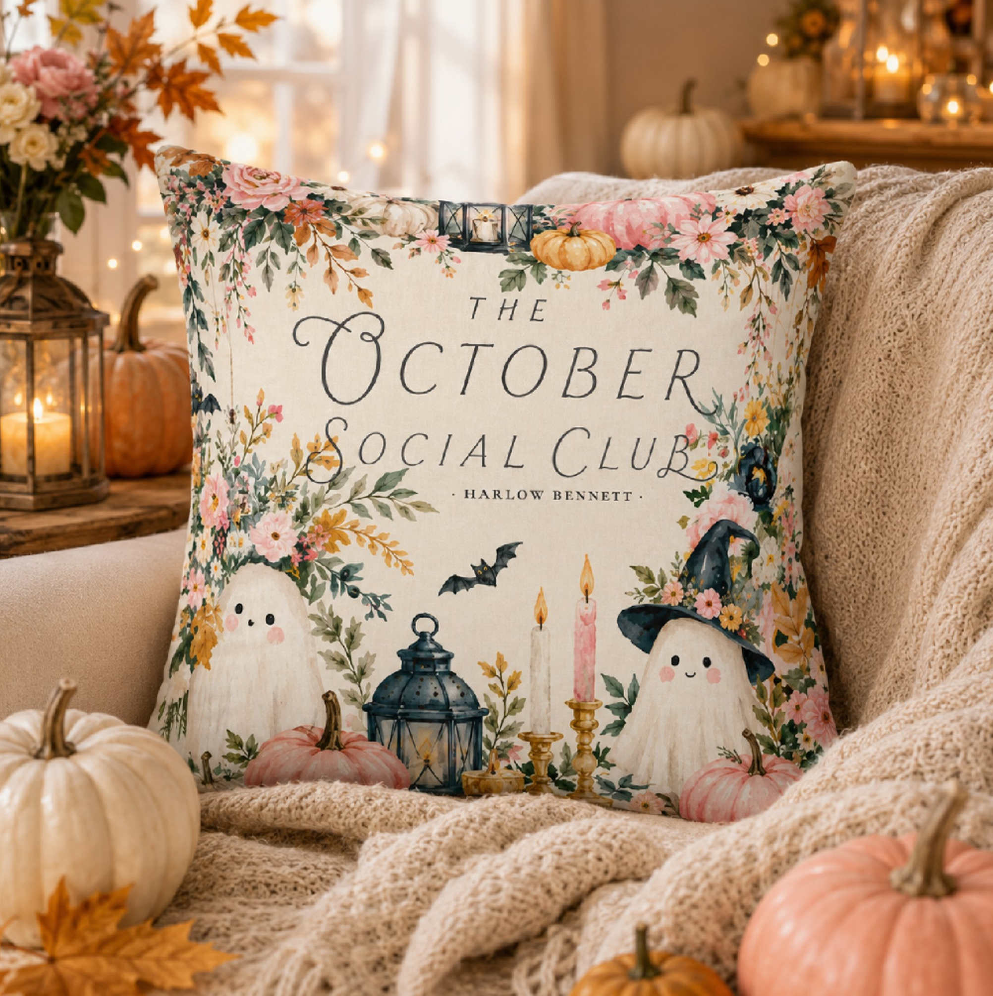 Cozy Halloween throw pillow featuring signature lettering with whimsical watercolor ghosts, pumpkins, florals, lanterns, and vintage autumn illustrations.