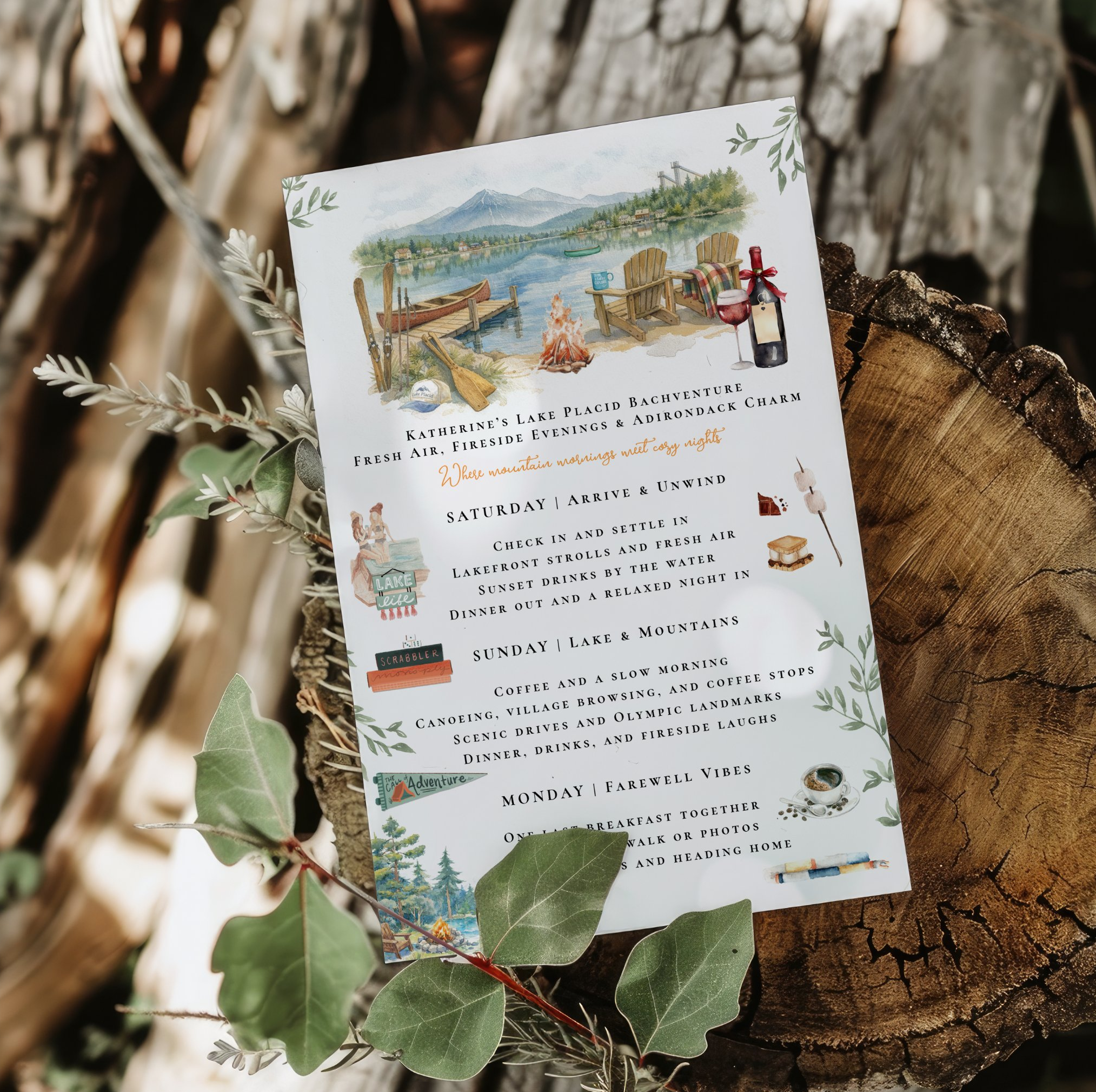 Illustrated Lake Placid bachelorette weekend itinerary featuring a hand-painted Adirondack lakeside scene with canoes, campfire, mountain views, wine, and personalized weekend activities. The custom travel guide highlights a cozy girls' getaway with 