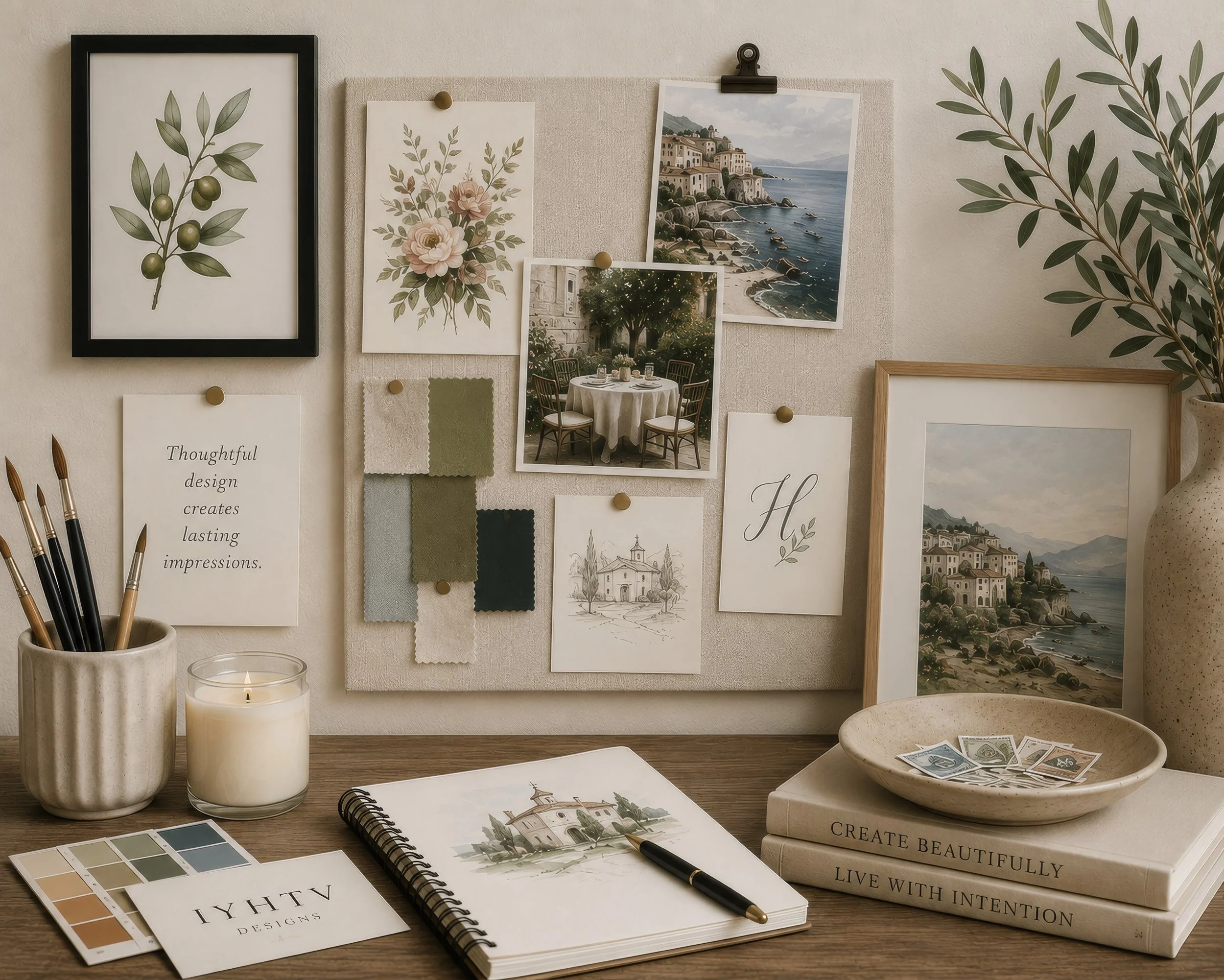 A warm, neutral designer studio mood board featuring botanical artwork, fabric swatches, watercolor illustrations, color palettes, and creative workspace styling that reflects the design process behind custom stationery, gifts, and home décor.
