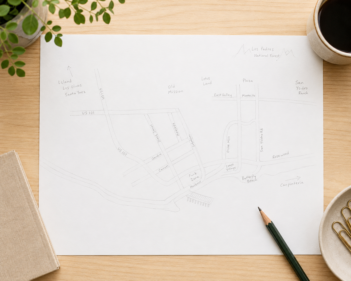 Initial hand-drawn concept sketch for the Wendy Foster destination map, showing the early layout of Santa Barbara, Montecito, and Los Olivos with roads, landmarks, and business locations before the final illustrated map was developed.