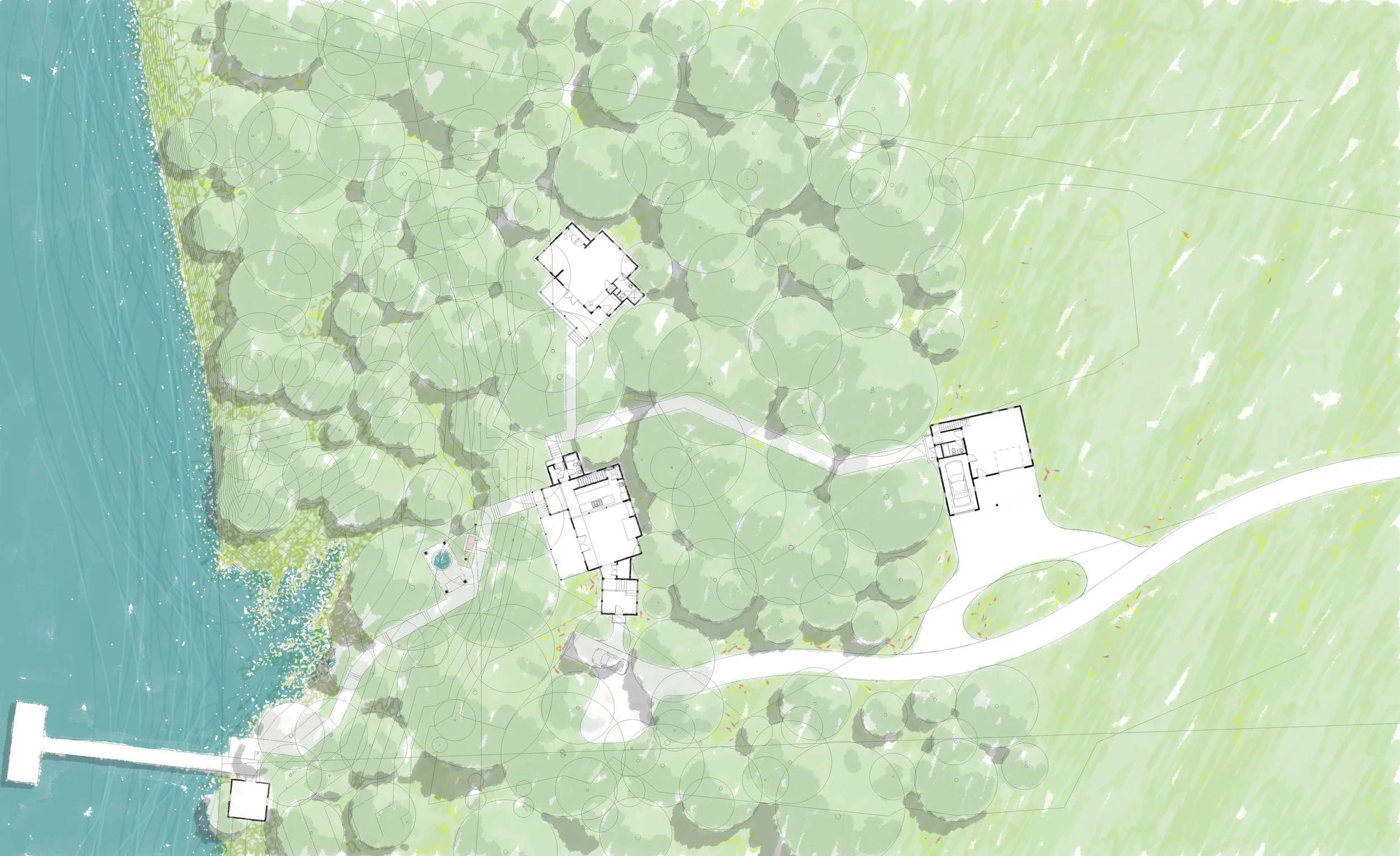 Aerial landscape plan showing a waterfront property with buildings and trees. Pathways connect structures surrounded by dense greenery, with a dock extending into the water.