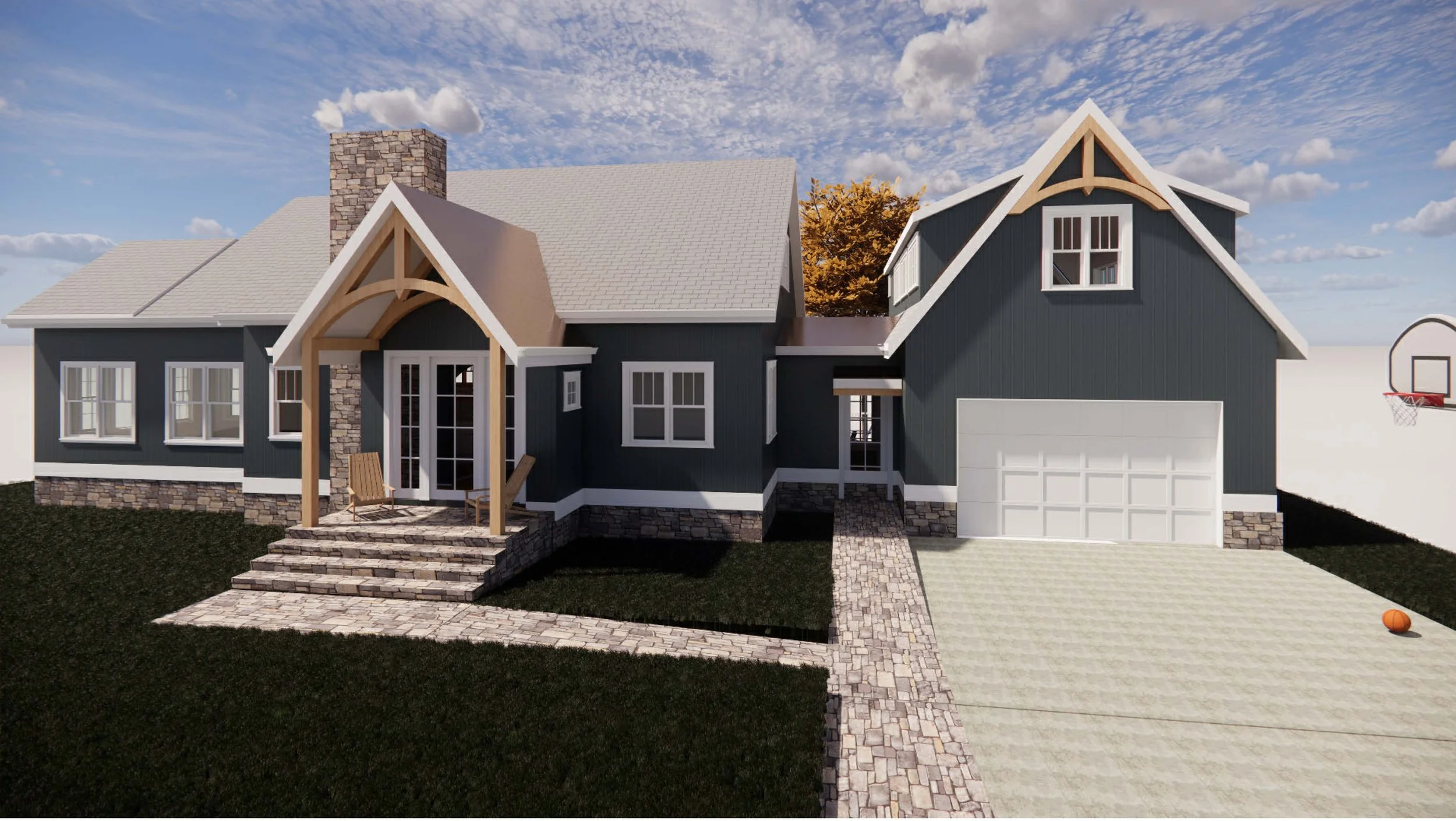 A modern suburban house with dark gray siding, stone accents, and a front porch. The house features a pitched roof, a two-car garage, and a basketball hoop next to the driveway. There is a paved walkway leading to the entrance, and a basketball is on the driveway. The sky is clear with scattered clouds.
