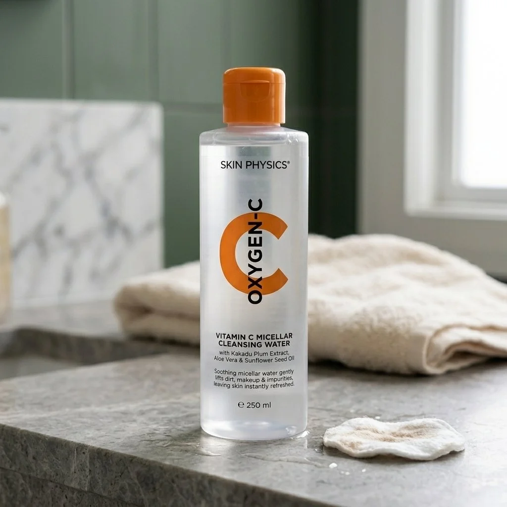 A bottle of Vitamin C Micellar Cleansing Water on a bathroom counter with a folded towel and a washcloth nearby, with a window in the background.
