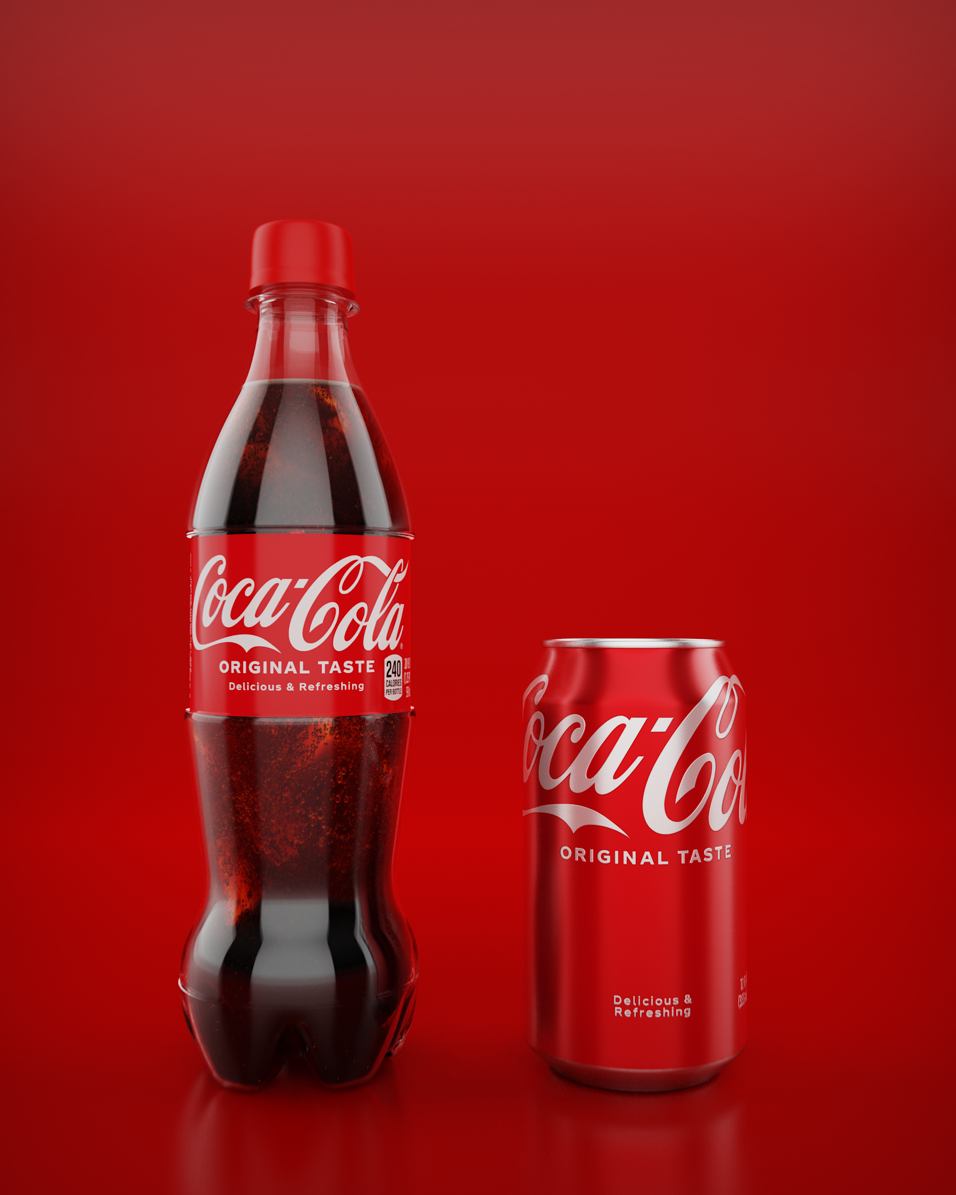 A Coca-Cola soda bottle and a soda can, both red with the Coca-Cola logo, on a split background of black and light gray.