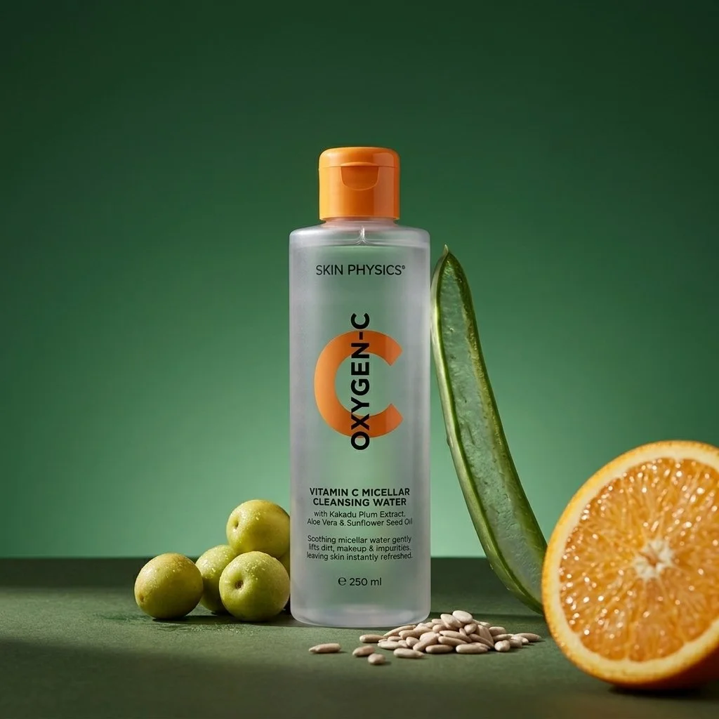 A bottle of Skin Physics Vitamin C Micellar Cleansing Water surrounded by green apples, a halved orange, an aloe vera leaf, sunflower seeds, and a few white capsules, set against a green background.