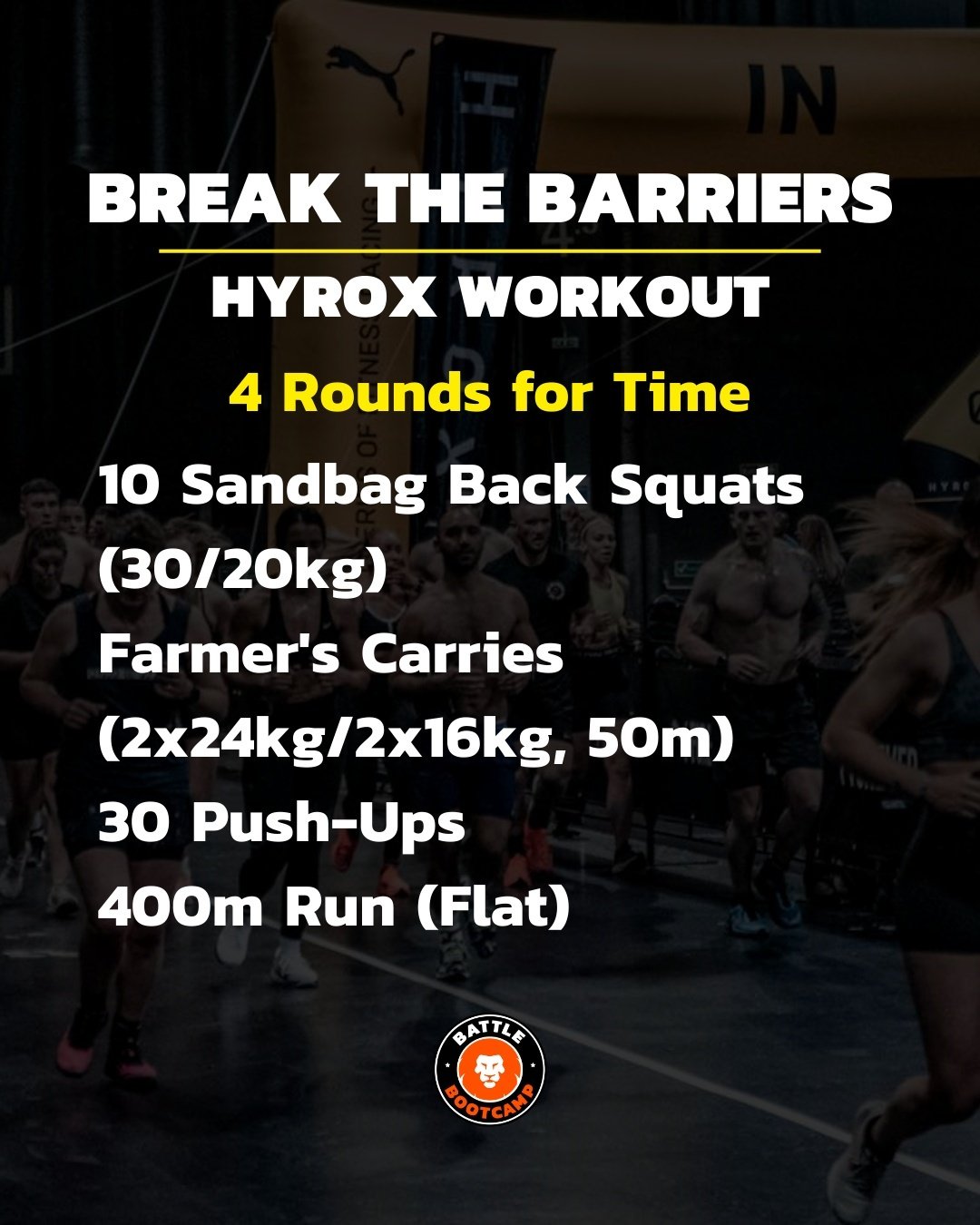 Experience the incredible Hyrox Workout and witness its power first-hand! 💥

It looks fairly straightforward, but wait until round 3 kicks in! 

⇢ 10 x Sandbag Back Squats 
⇢ Farmers Carry | 50m 
⇢ 30 Push-Ups 
⇢ 400m Run 

🏁 4 Rounds for time. 

#