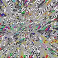 Une explosion de motifs géométriques colorés et d'images déformées, créant un effet visuel dynamique et chaos.