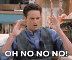 Une capture d'écran d'un personnage de la série télévisée Friends avec une expression choquée ou inquiète, et le texte 'OH NO NO NO!'