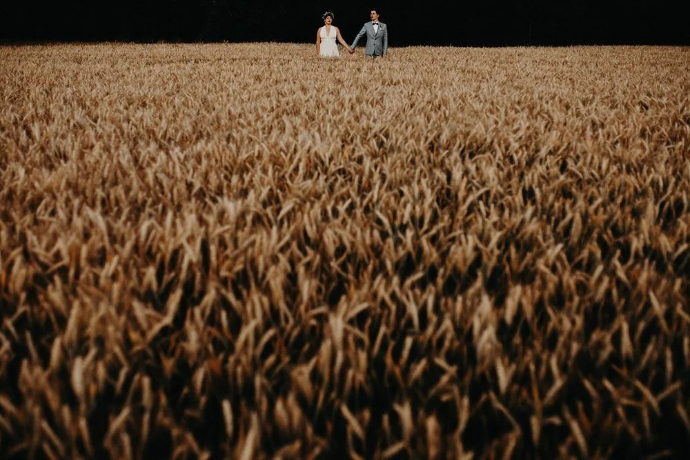 Un couple avec des vêtements de mariage marche dans un champ de blé doré