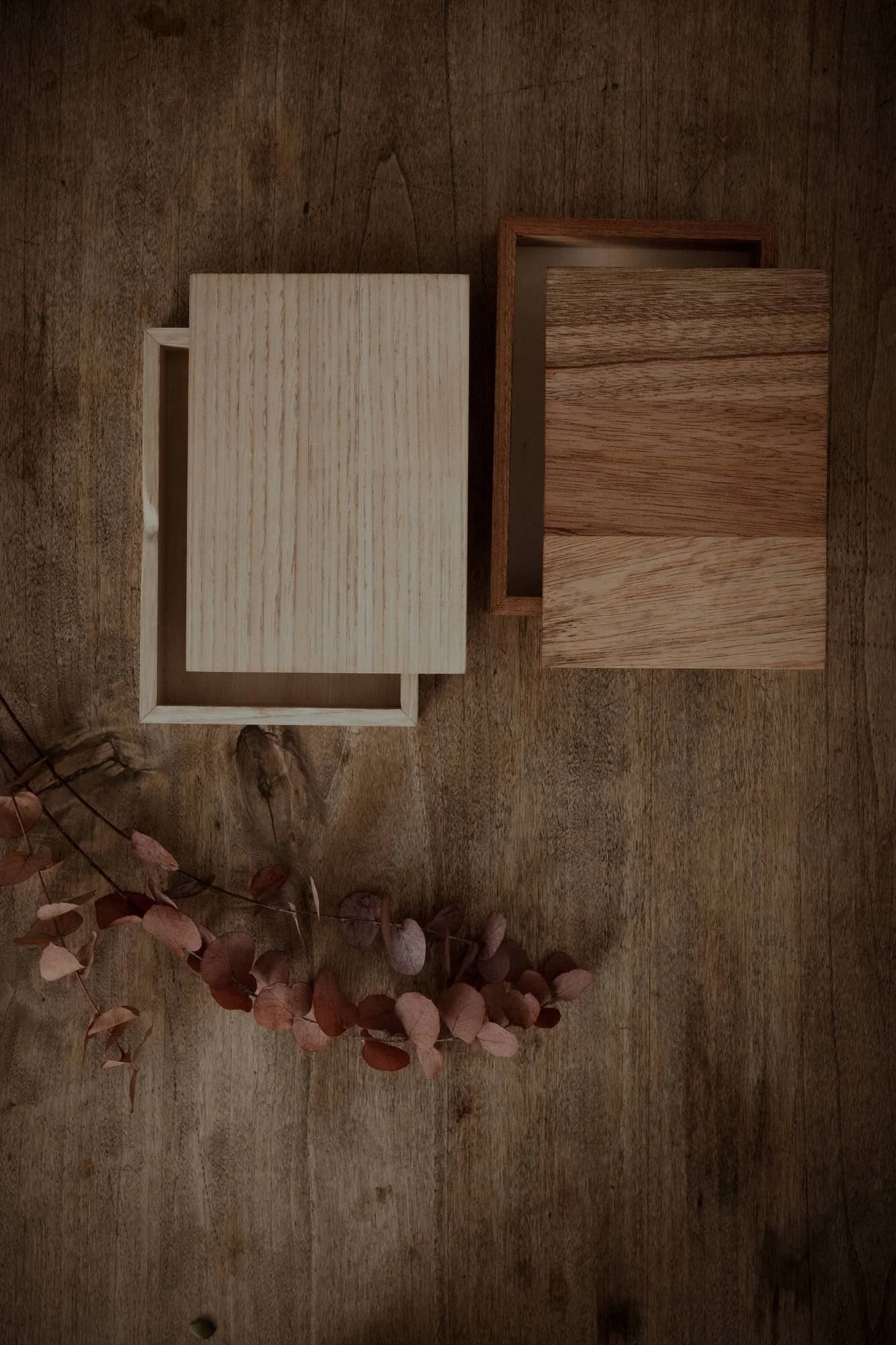 Deux boîtes en bois, l'une de couleur claire et l'autre foncée, posées sur une surface en bois avec des branches de feuillage en bas à gauche.