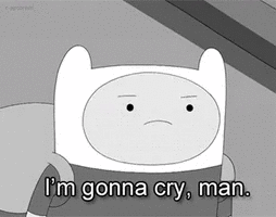 Personnage de dessin animé avec une tête en forme de lapin, expression triste, disant 'Je vais pleurer, mec'.