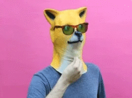 Un personnage avec un masque de visage de chien fox portant des lunettes de soleil, portant un pull gris clair, sur fond rose.