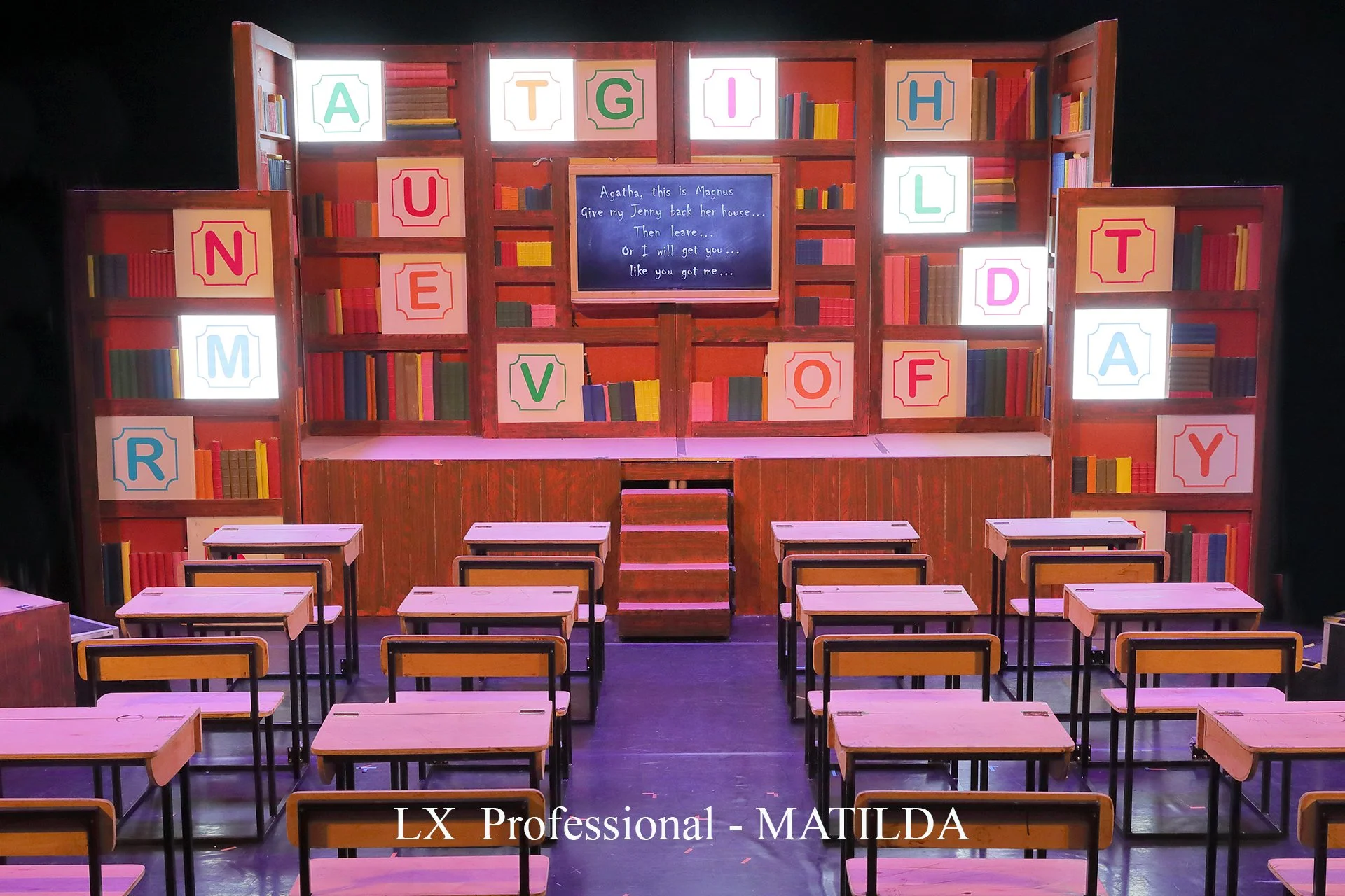Matilda the musical - set design - set hire - uk production - wormwoods - disappearing cake