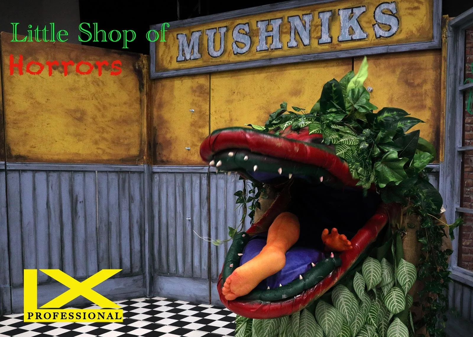 little shop of horrors - plant hire, set, plant and prop hire , Mushnik’s shop, skid row, the dentist (including a dentist chair) , 4 Audrey II plants- dentist - skid row - 4 Audrey ii plants  set hire - uk set and prop hire - packages -