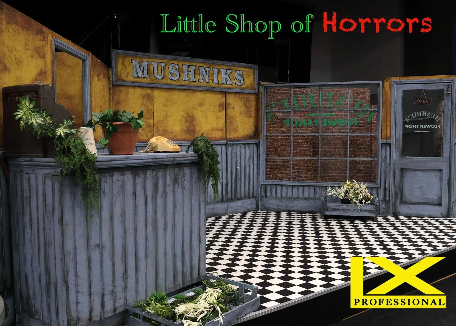 little shop of horrors - plant hire, set, plant and prop hire , Mushnik’s shop, skid row, the dentist (including a dentist chair) , 4 Audrey II plants- dentist - skid row - 4 Audrey ii plants  set hire - uk set and prop hire - packages -