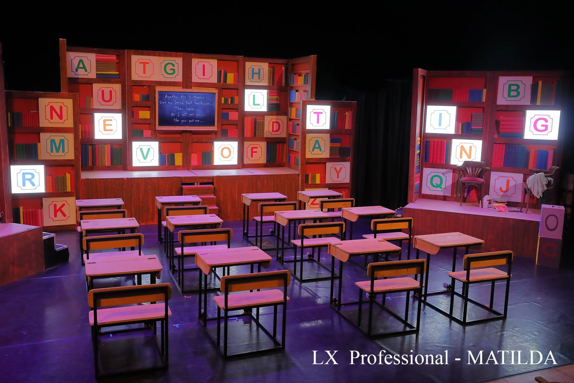 Matilda the musical - set design - set hire - uk production - wormwoods - disappearing cake