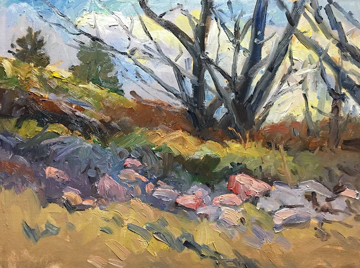 Gabel, Reaching for Spring,12x16, oil-plein air, 600., 3-24-17, River's Edge N.A. Loveland, CO.jpg