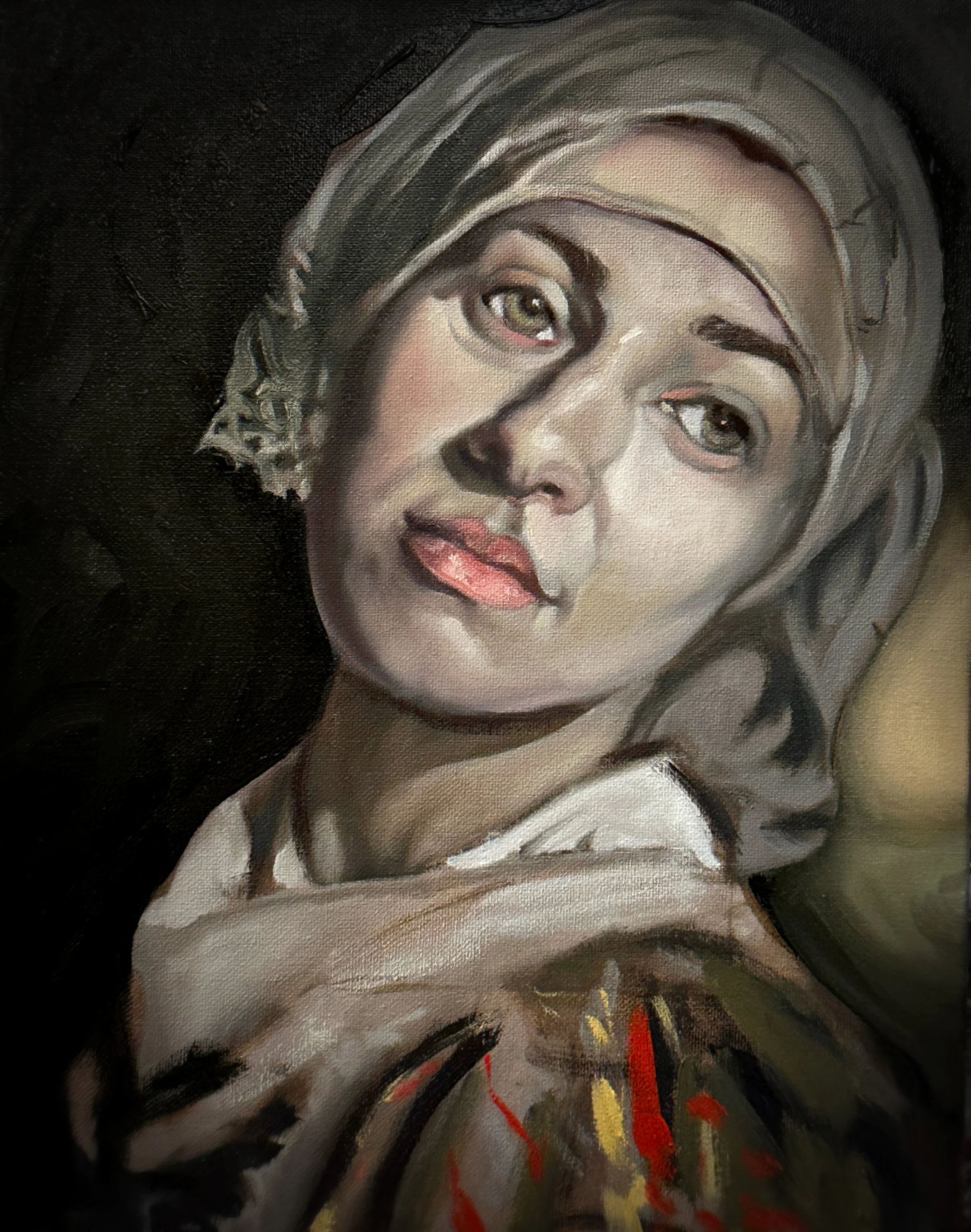 Close-up of a painted portrait of a woman with gray hair, light skin, and brown eyes, wearing a headscarf and earrings.