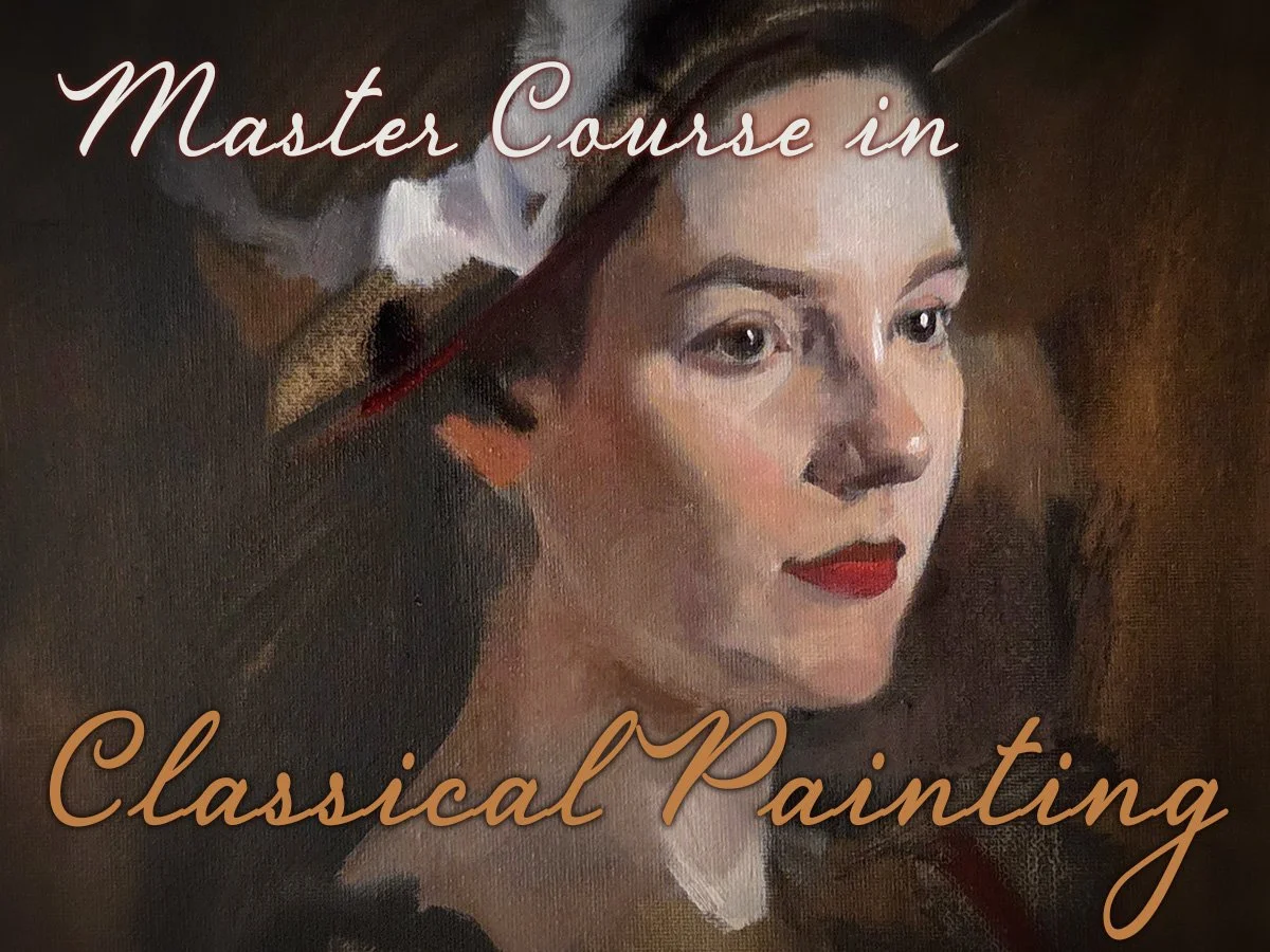A painting of a woman's face with blue-green eyes, light skin, and light brown hair, with the text 'Master Course in Classical Painting' overlayed.