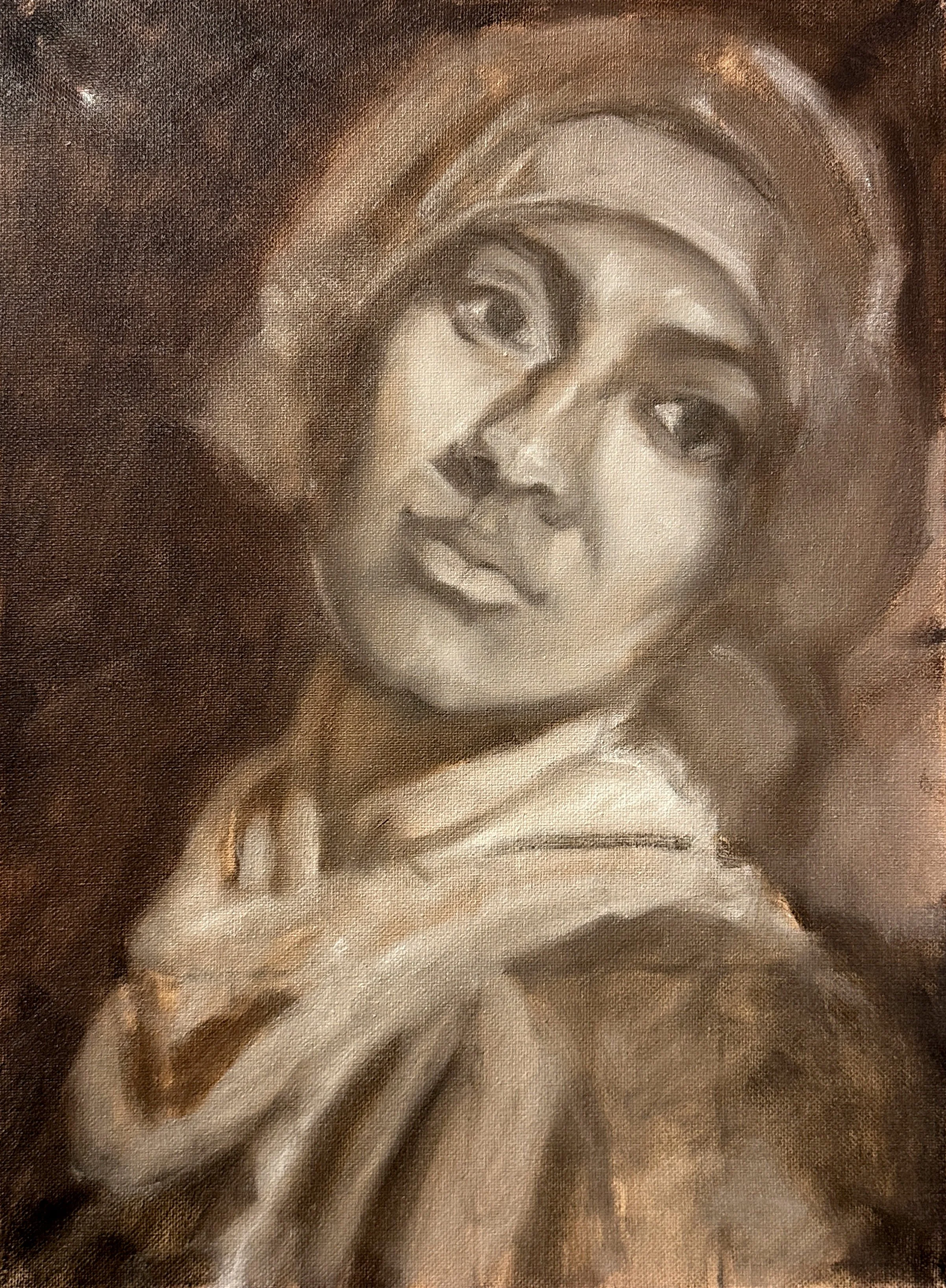 A monochrome painting of a woman touching her chin, with flowing hair and soft facial features.