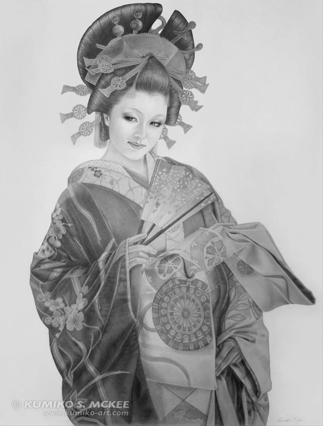 "Oiran 花魁の微笑み" Graphite on Paper 30”x 40” (102cm x 76cm) 2013