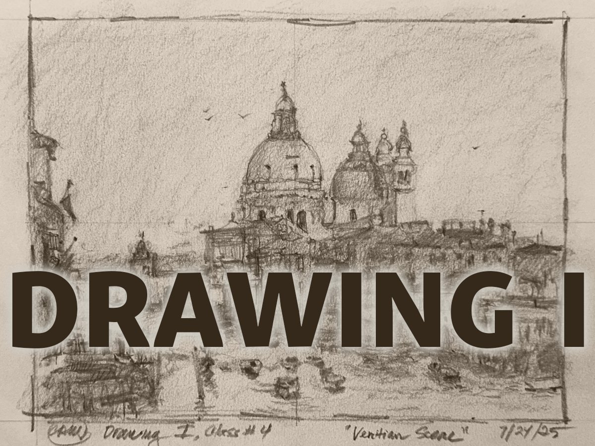 A pencil sketch of a canal scene with buildings and boats along the water, titled "Venetian Canal" with notes and date at the bottom.