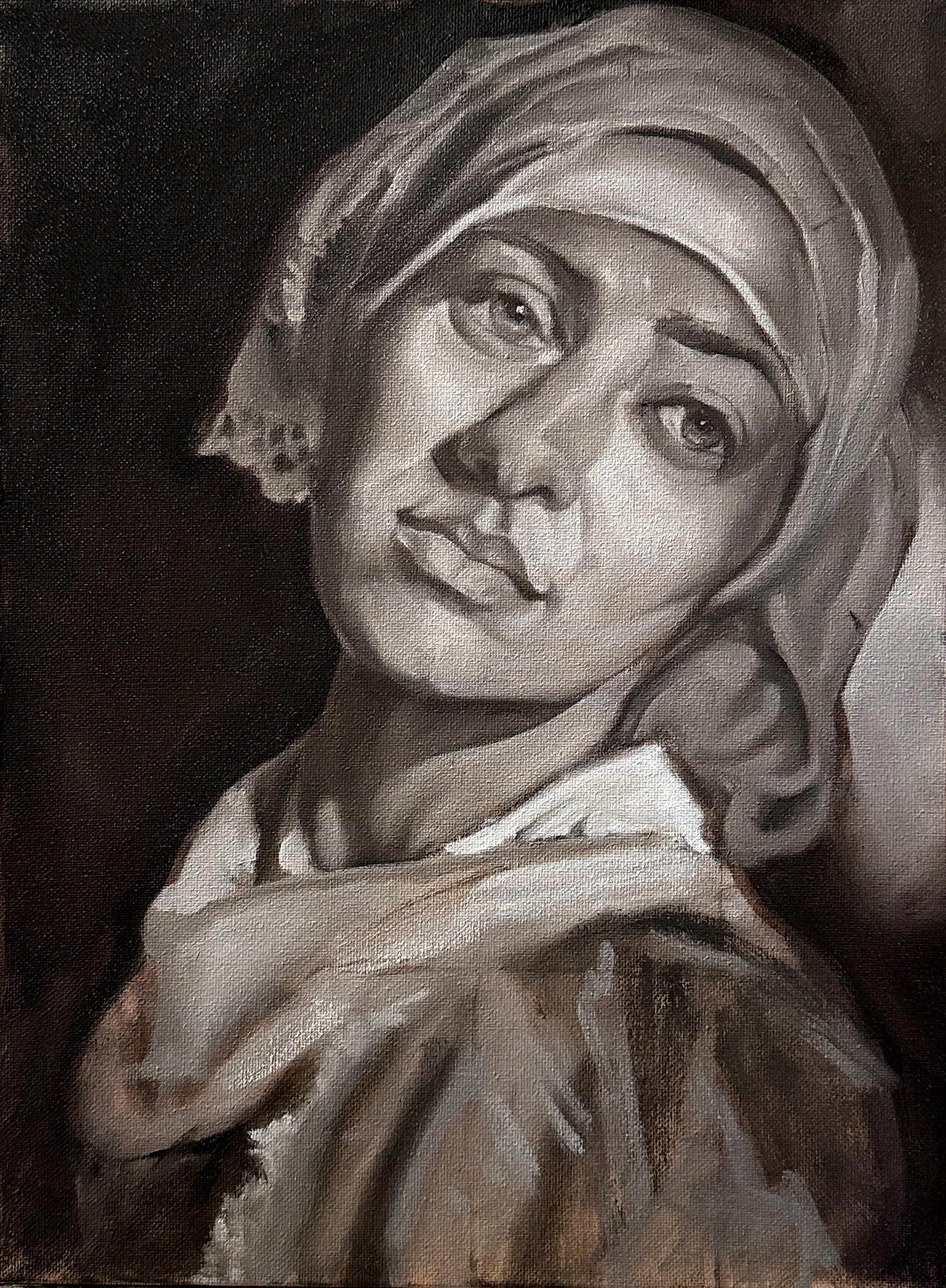 A black and white painting of a woman with long hair, winking one eye, and resting her chin on her hand. She is wearing earrings and has a calm expression.