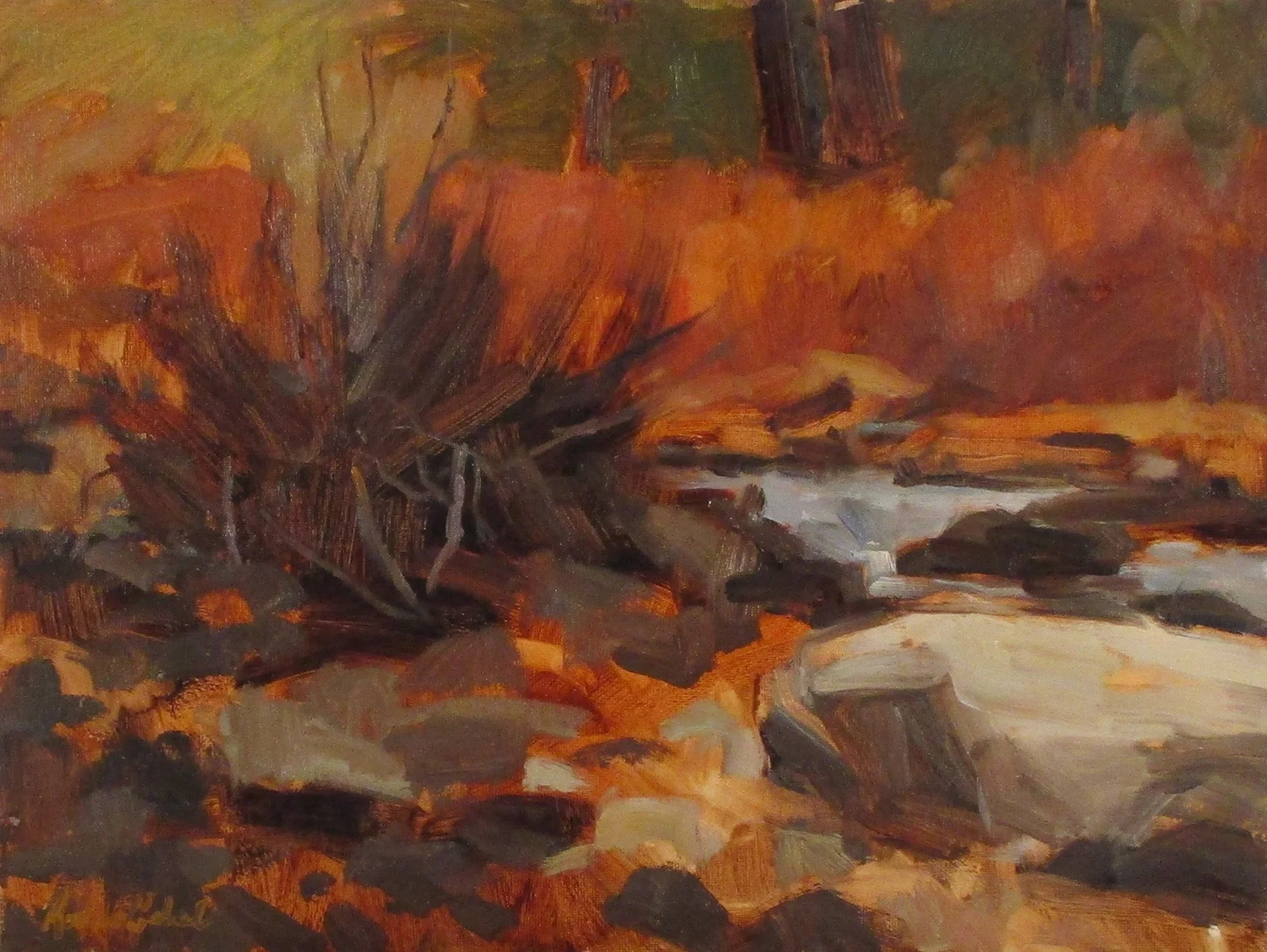Gabel, River Bush, 12x16, oil-plein air, 4-5-19, 600., Ouzel Picnic Area, Poudre River.jpg