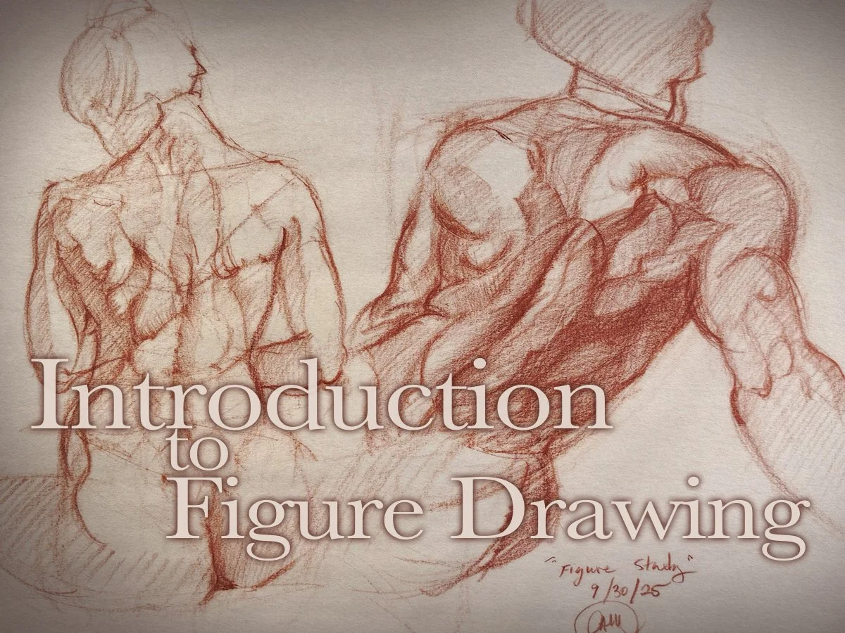 A brown sketch of a person lying down with eyes closed, accompanied by the text 'Introduction to Figure Drawing'.