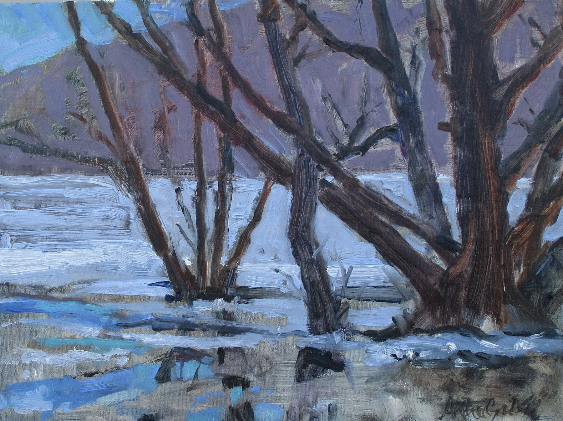Gabel, Tree Masts of Winter, 12x16,oil-plein air, 1-4-19, 600., Flatiron Reservoir.jpg