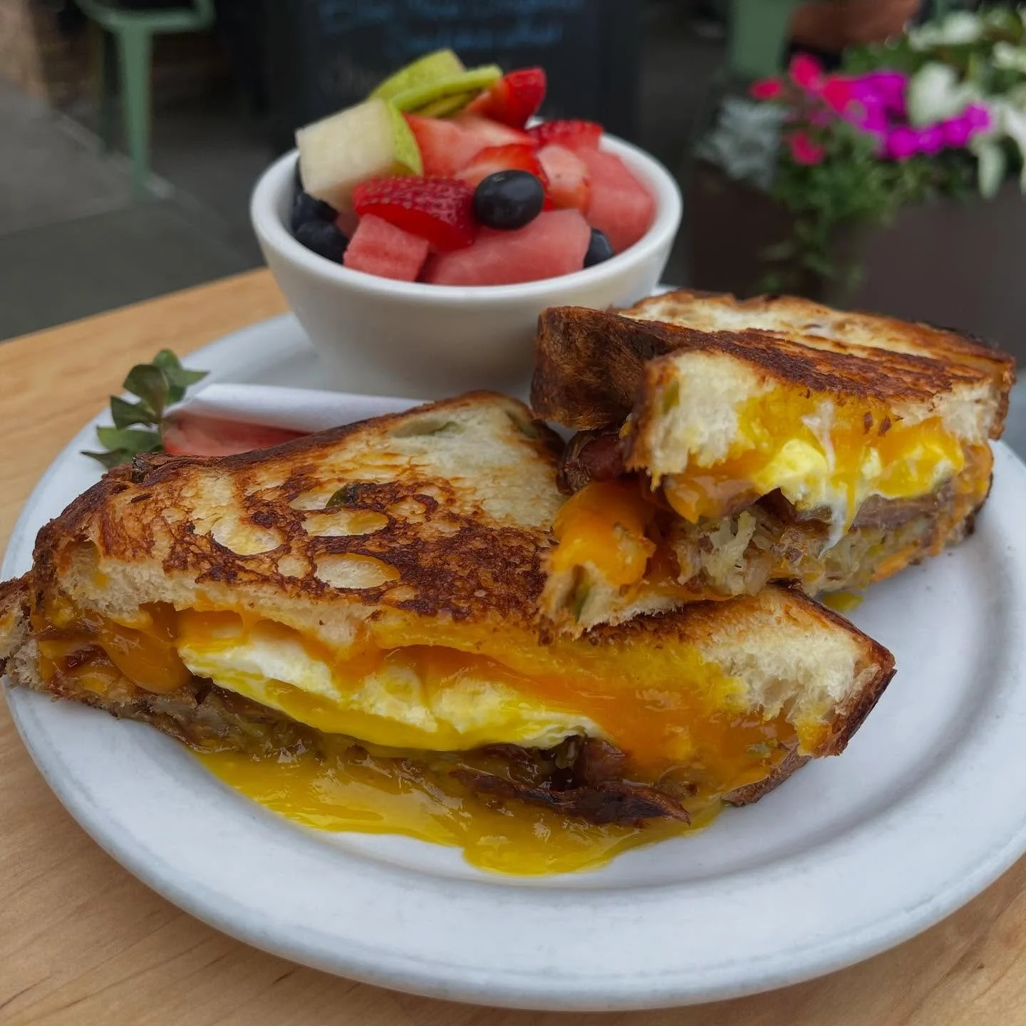 Good Morning! 
om egg, bacon, cheddar, hashbrown, gr. onion, @bluemoontulsa jalapeno cheddar bread