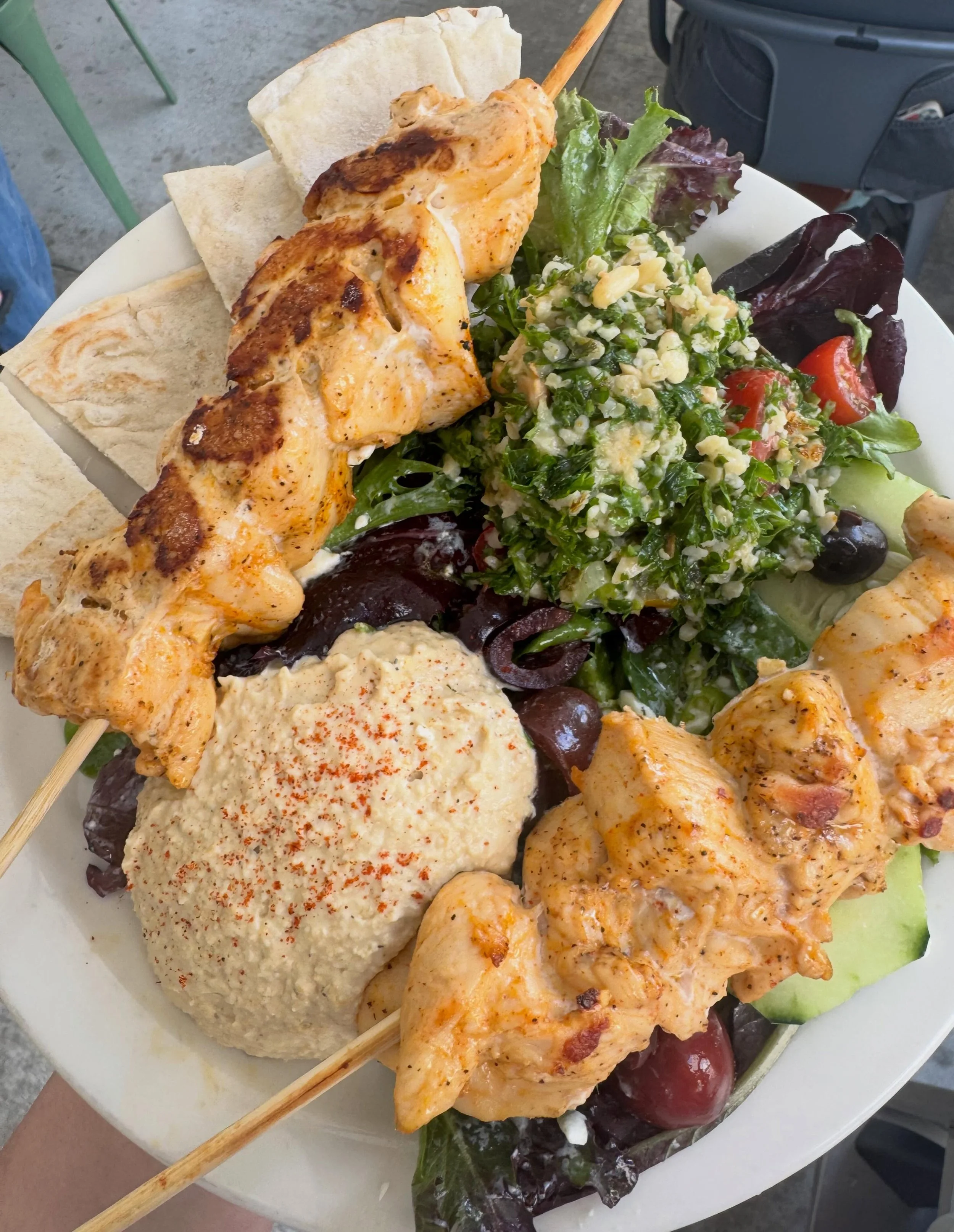 We got your Dinner covered - tonight&rsquo;s Mediterranean Plate hummus, tabouli, Greek salad, chicken skewers, pita