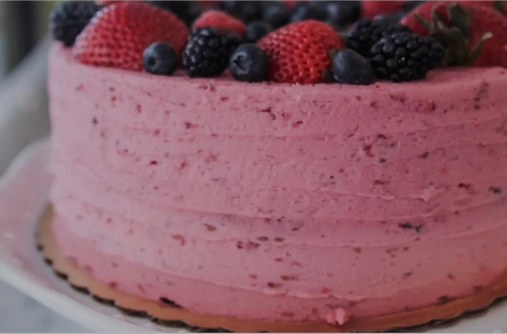 Friday by the slice - 3-layer yellow cake w/fresh blackberries + blackberry buttercream frosting