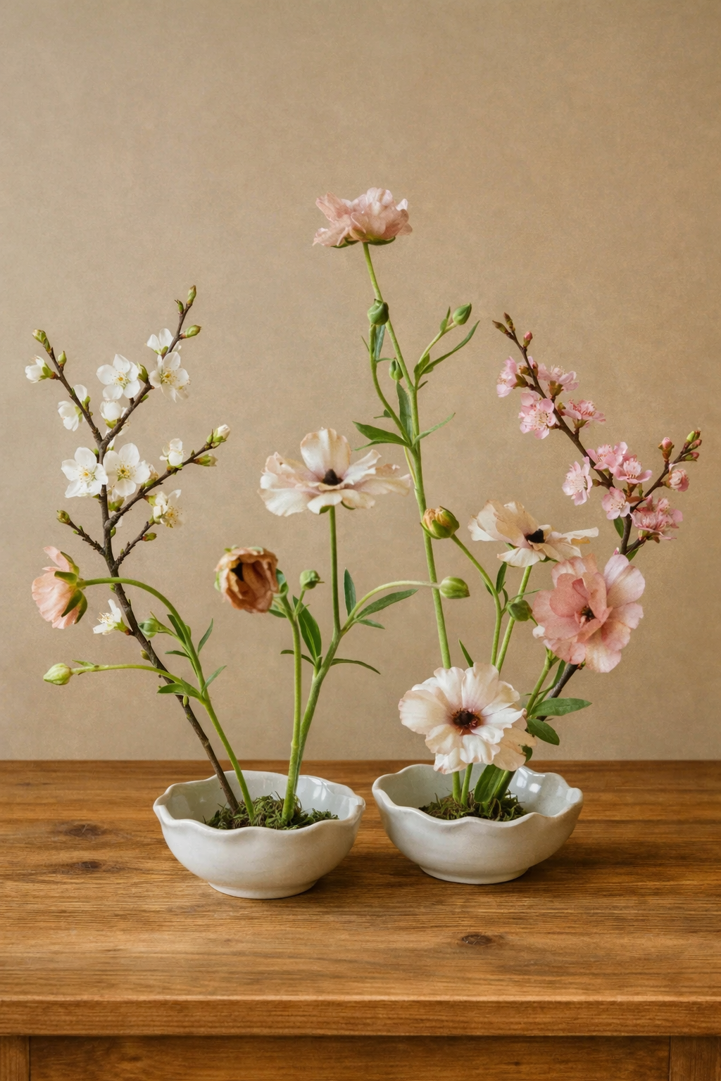 Delicate ikebana arrangement on wooden table.png