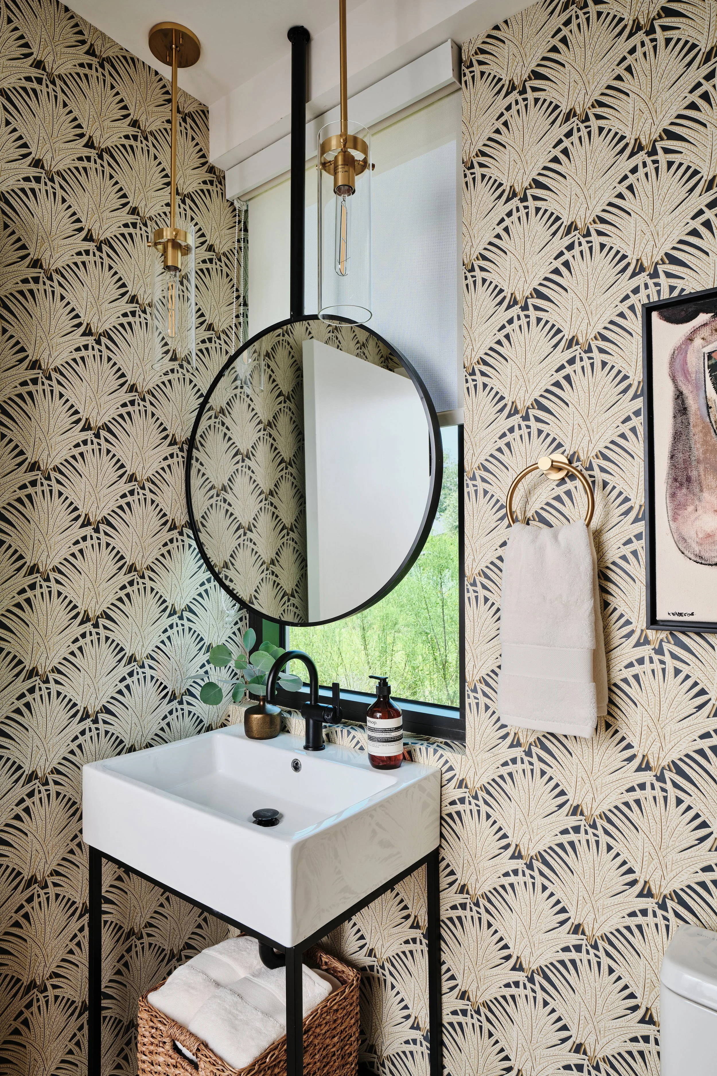 Mirror in front of window. Ceiling mounted mirror in Powder room. Residential design for a new construction home in Miami, Fl. Interior design by Concept 2 Design